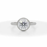Round Lab Grown Diamond Knife Edge Halo With Trio Pave Ring in White Gold