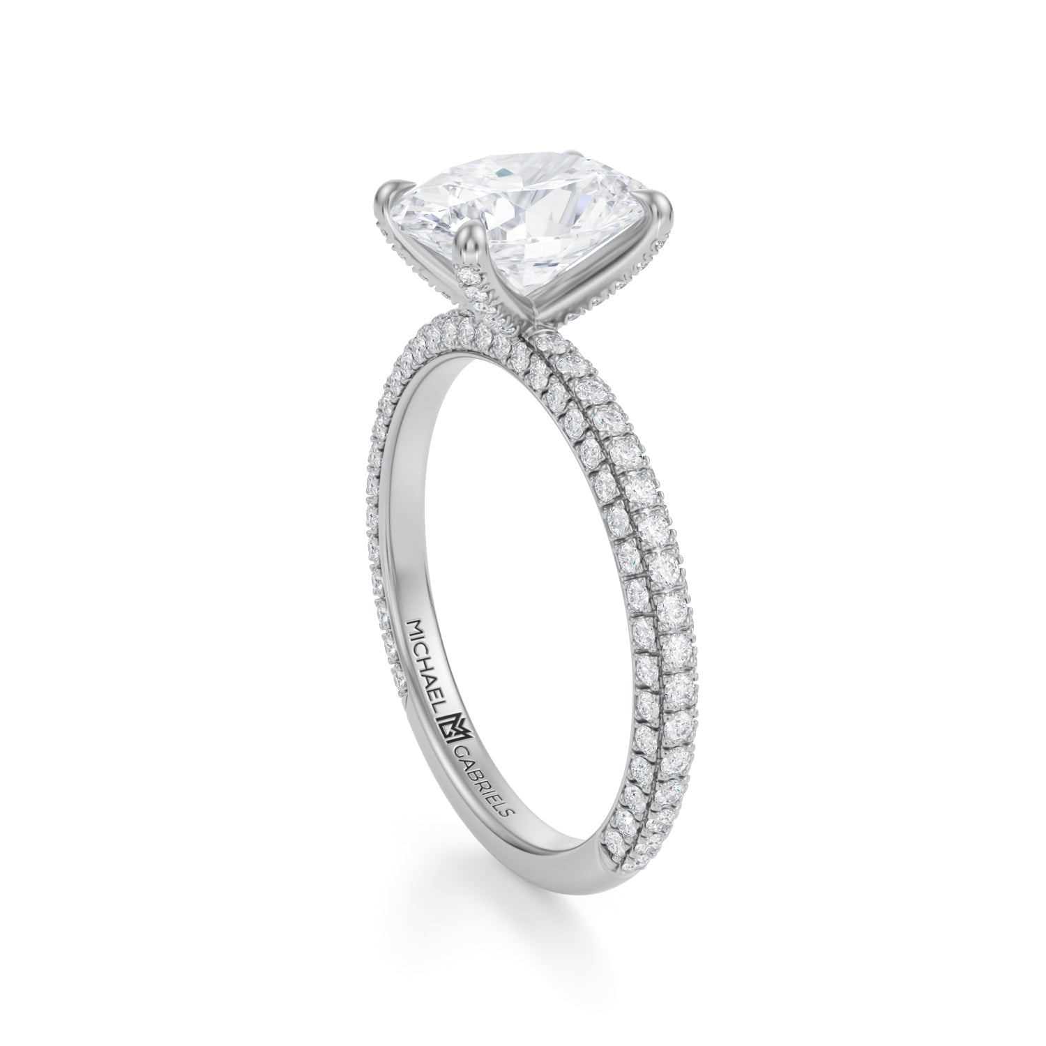 Oval Double Edge Halo With Cathedral Trio Pave Ring (2.70 Carat E-VVS2) - Michael Gabriels