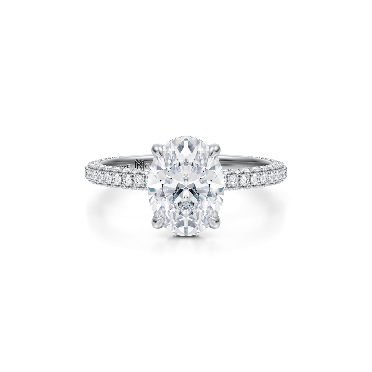Oval Invisible Halo With Trio Pave Ring (3.20 Carat F-VVS2) - Michael Gabriels