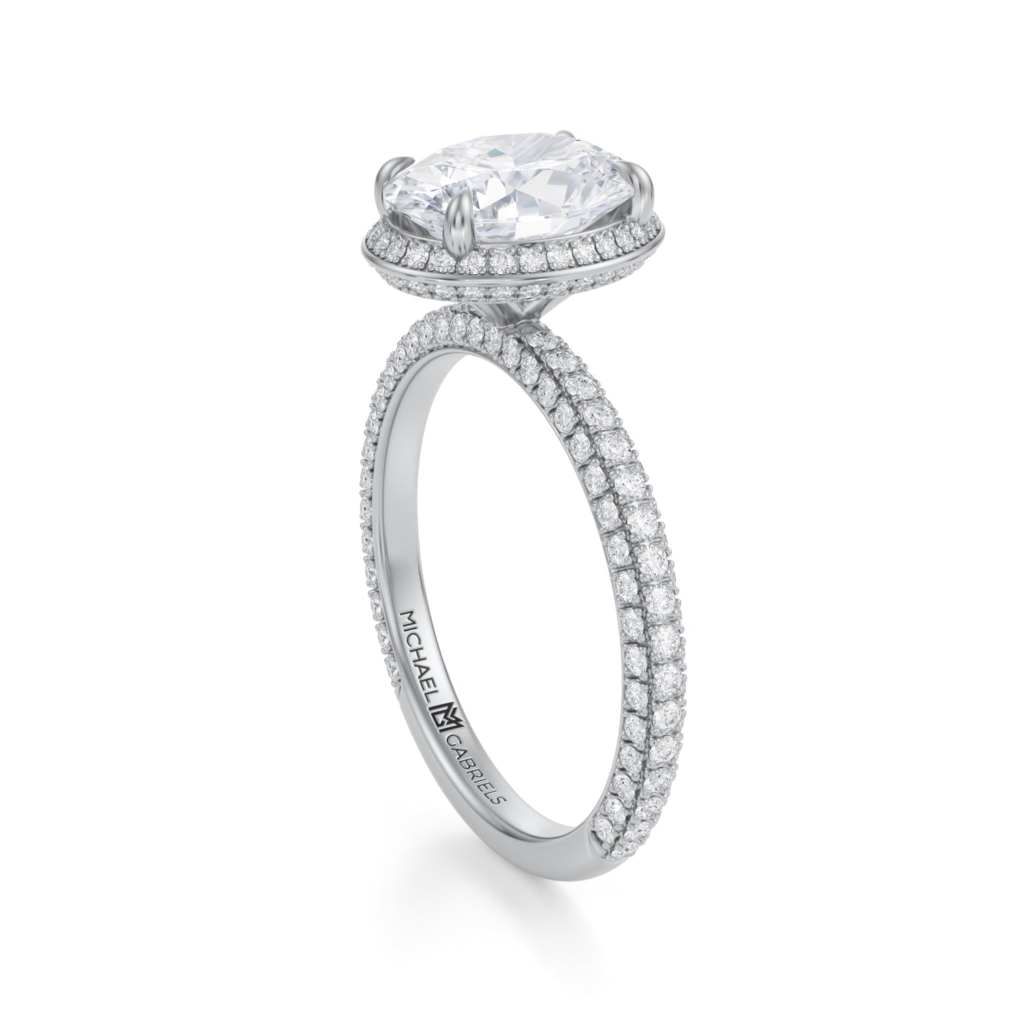 Oval Knife Edge Halo With Trio Pave Ring (3.70 Carat E-VVS2) - Michael Gabriels