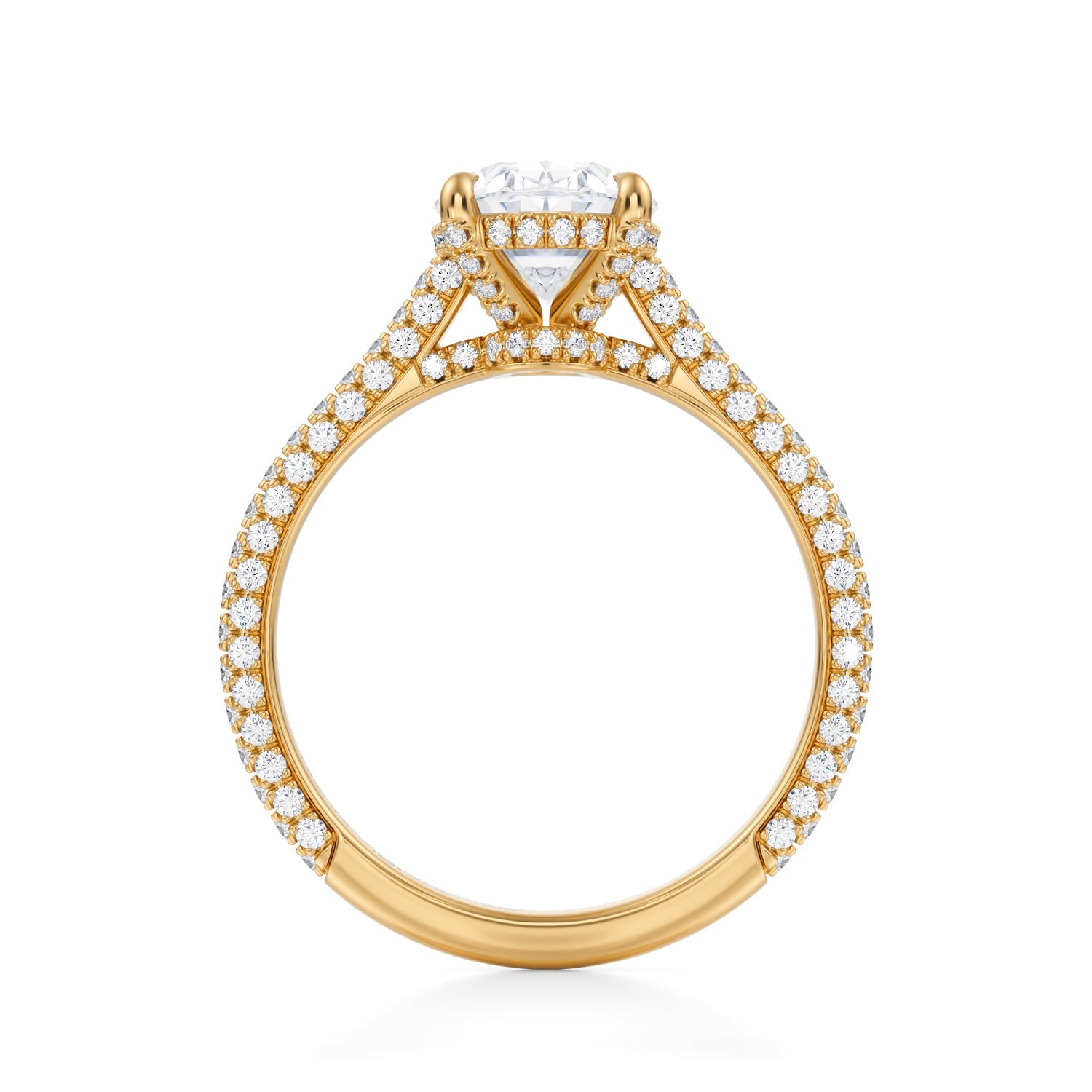 Oval Trio Pave Cathedral Ring With Low Pave Basket (1.00 Carat E-VS1) - Michael Gabriels
