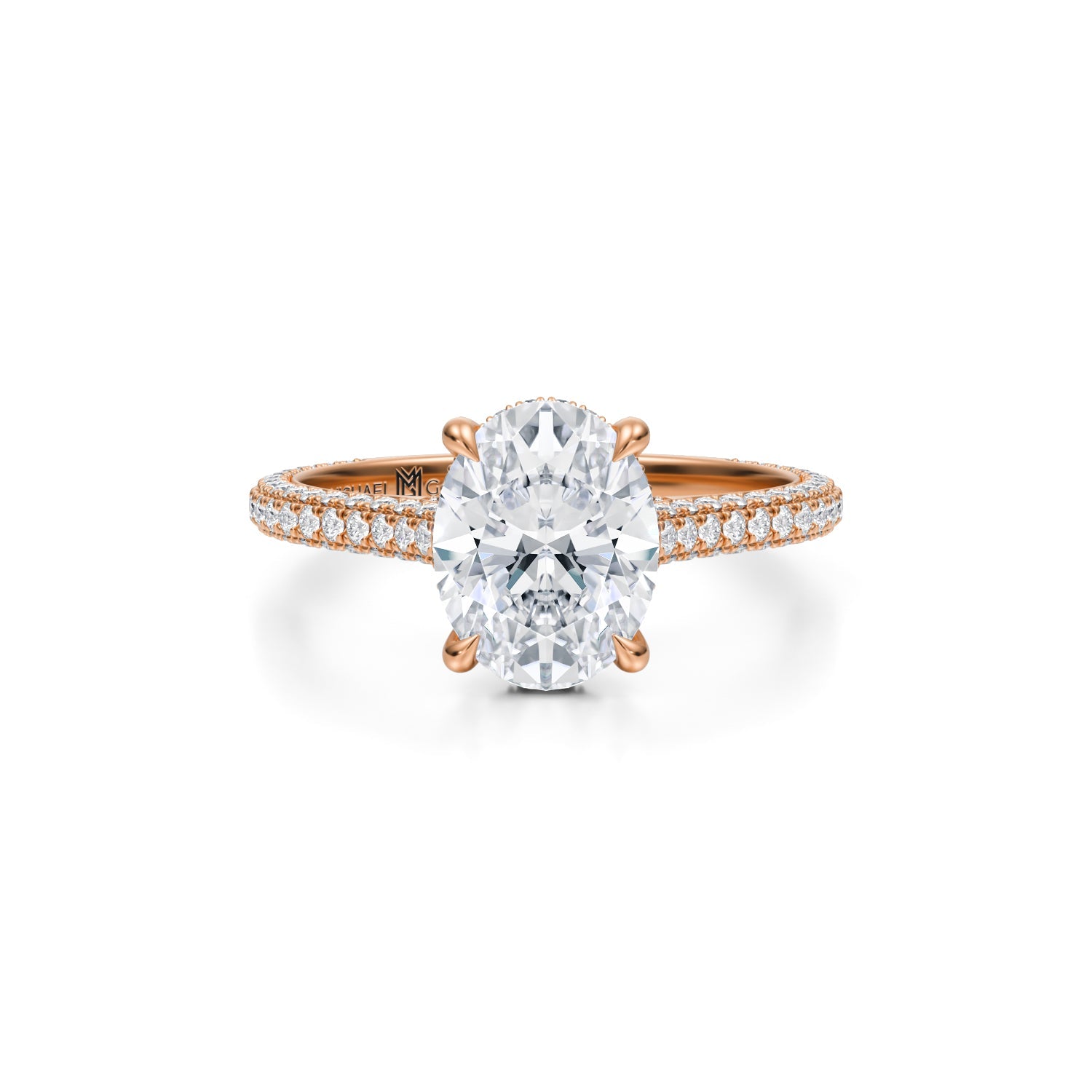Oval Trio Pave Cathedral Ring With Low Pave Basket (1.50 Carat E-VS1) - Michael Gabriels