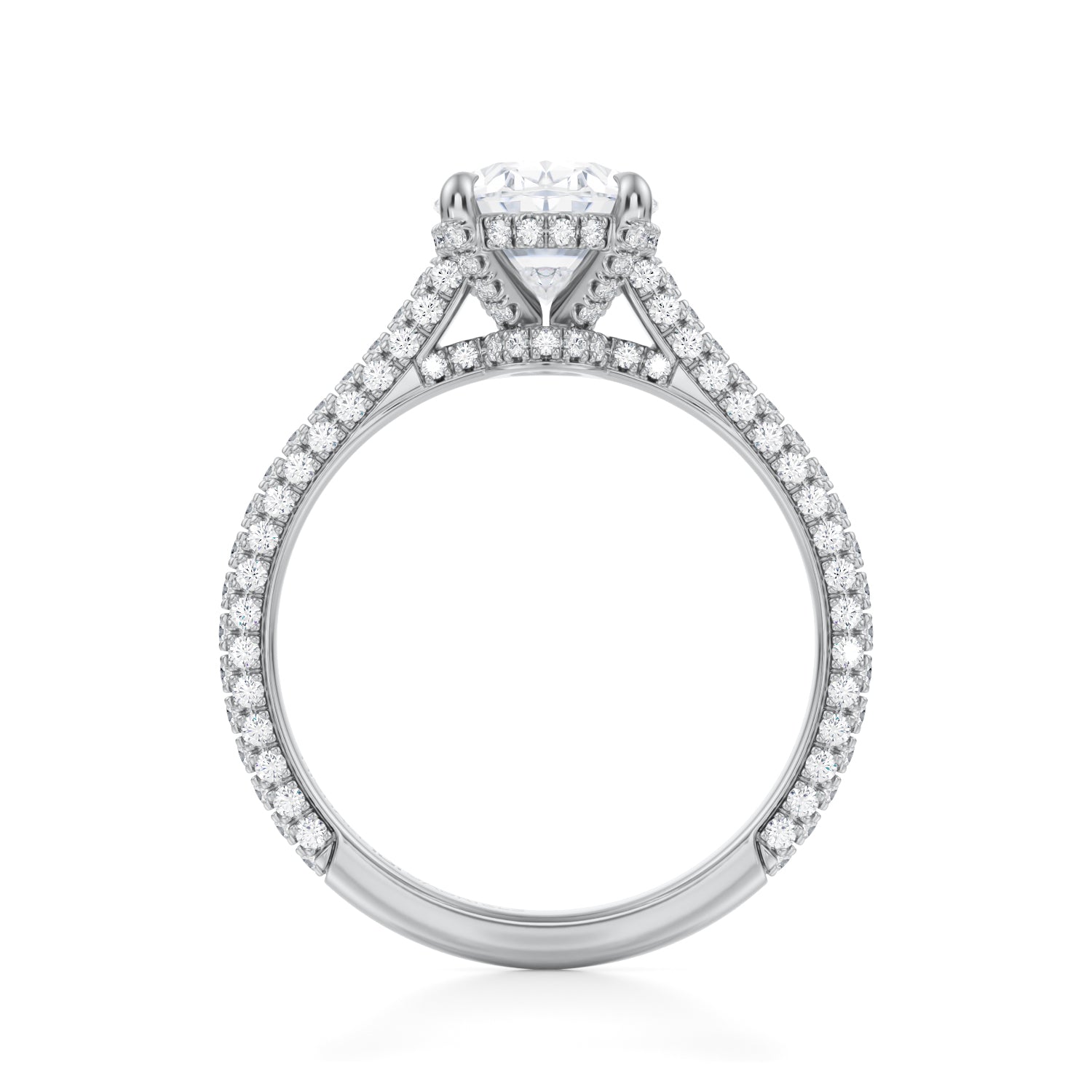Oval Trio Pave Cathedral Ring With Low Pave Basket (1.50 Carat E-VVS2) - Michael Gabriels