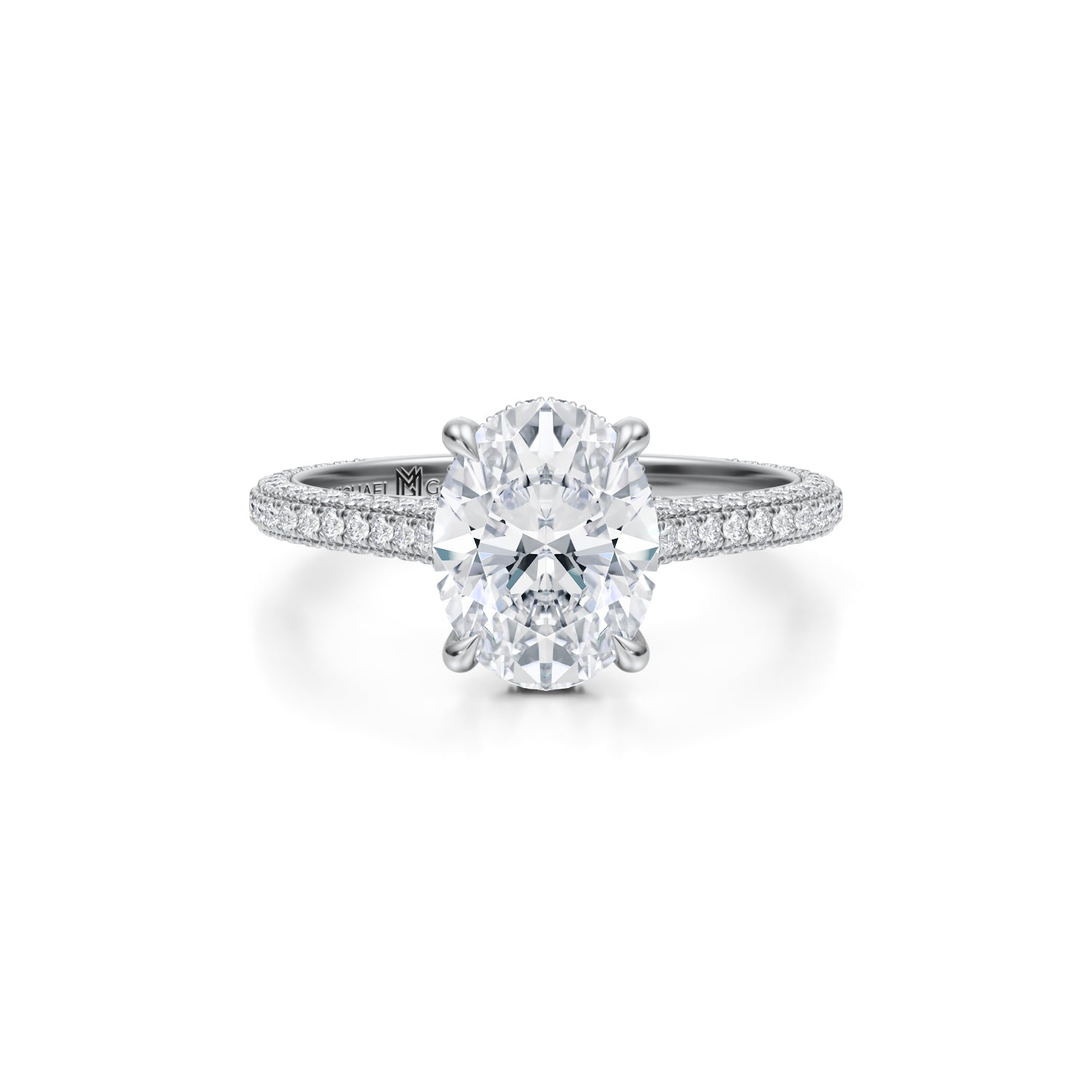 Oval Trio Pave Cathedral Ring With Low Pave Basket (3.00 Carat D-VVS2) - Michael Gabriels