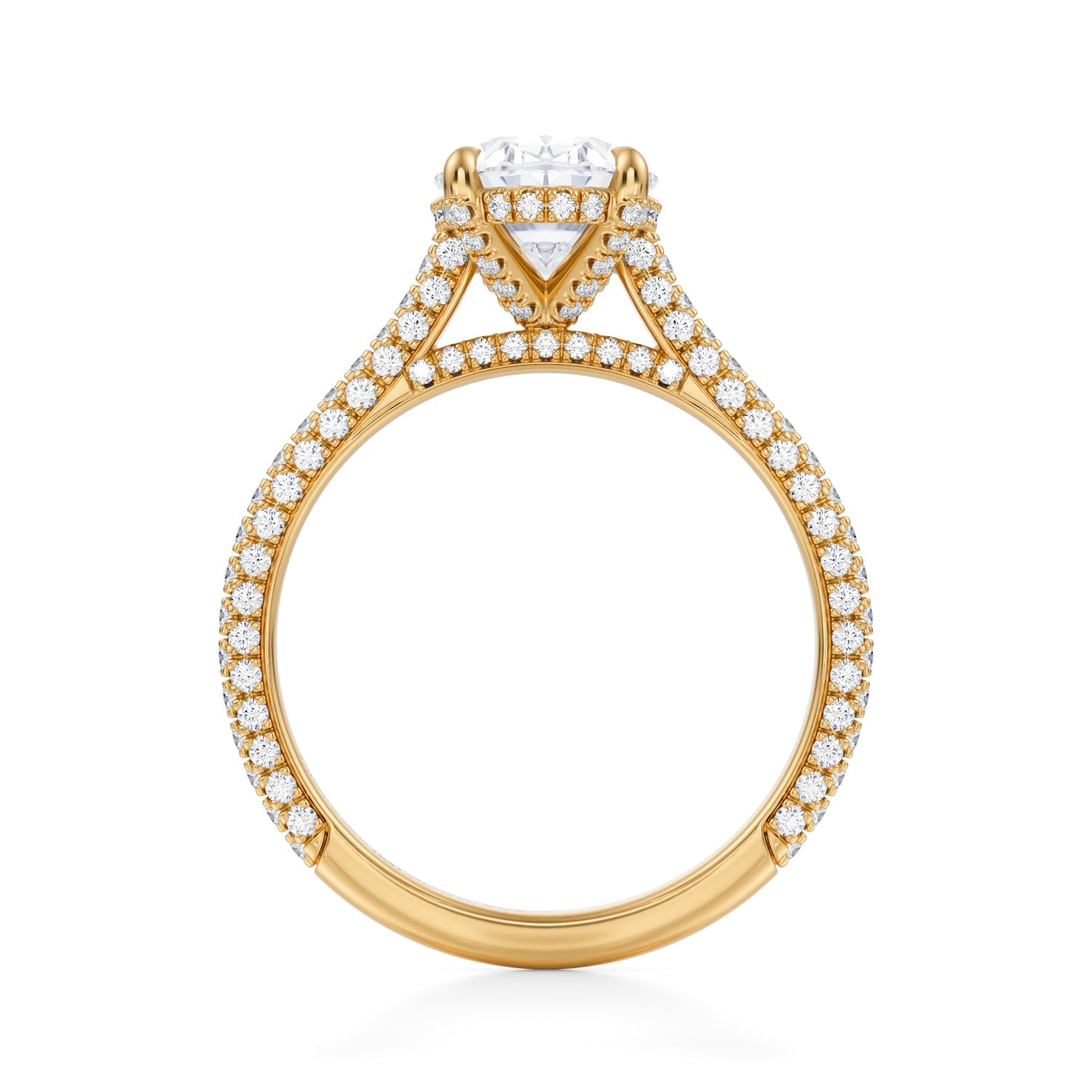 Oval Trio Pave Cathedral Ring With Pave Basket (1.00 Carat E-VS1) - Michael Gabriels