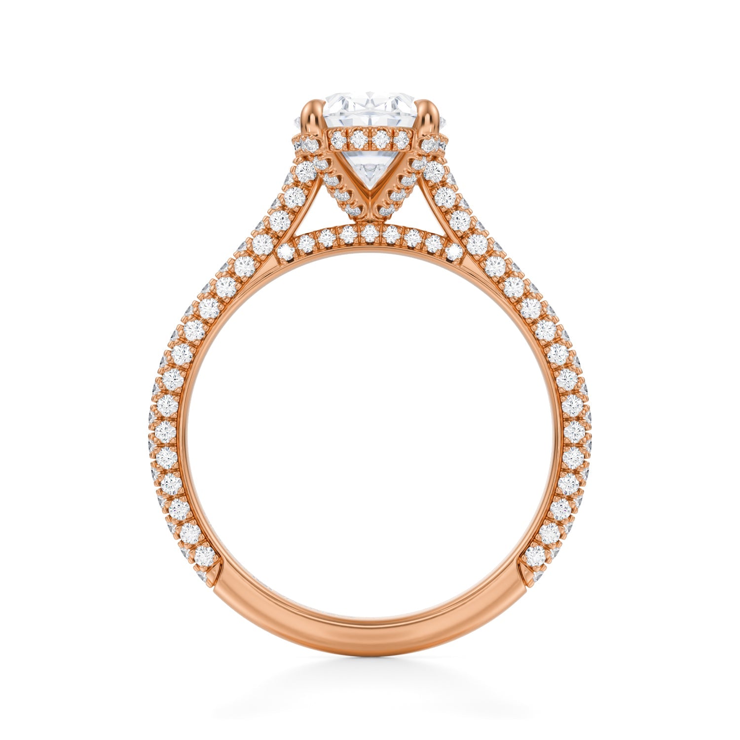 Oval Trio Pave Cathedral Ring With Pave Basket (2.00 Carat G-VVS2) - Michael Gabriels
