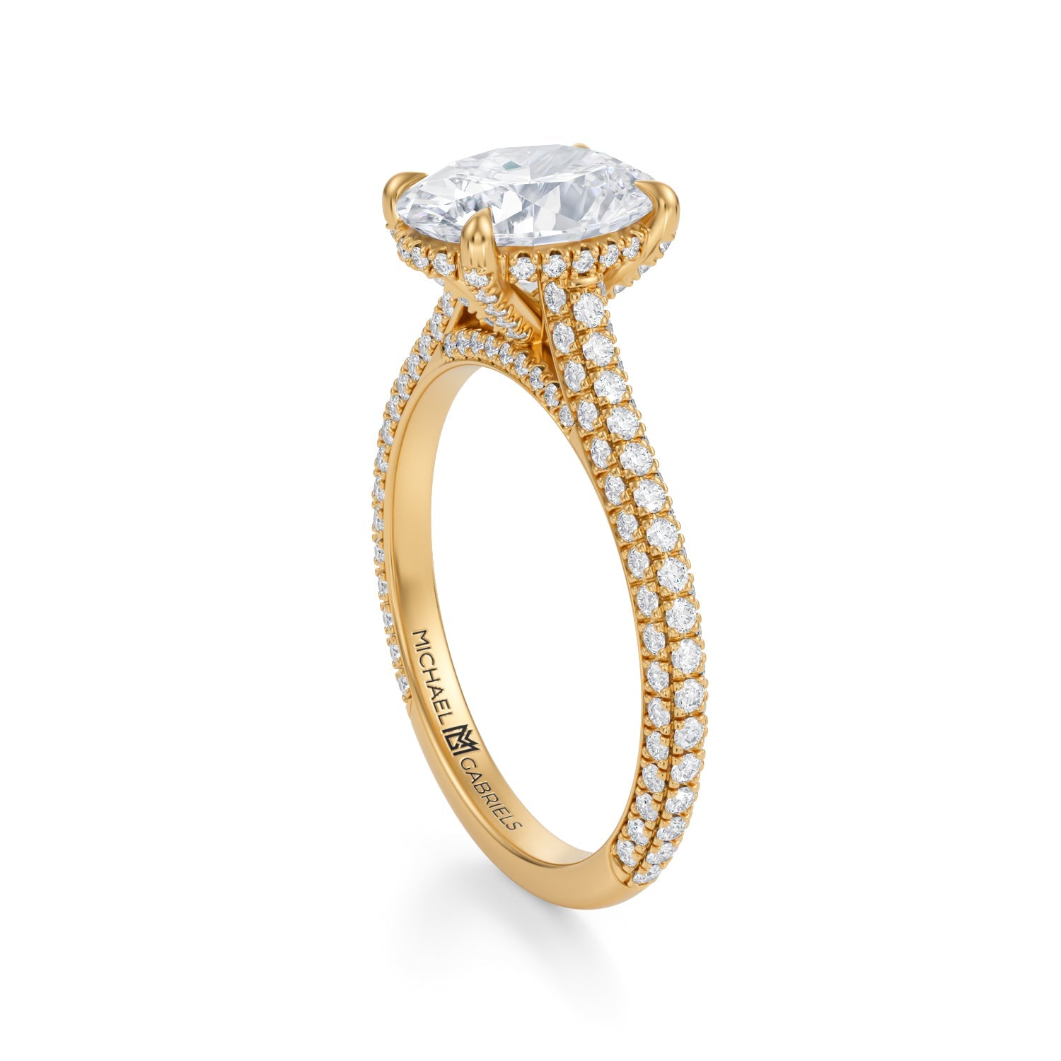 Oval Trio Pave Cathedral Ring With Pave Basket (2.50 Carat D-VS1) - Michael Gabriels