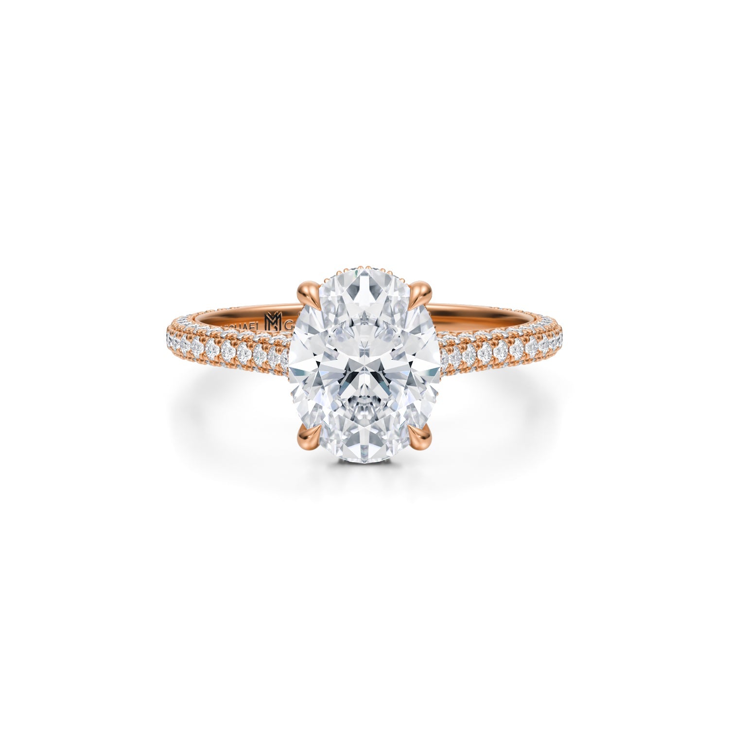 Oval Trio Pave Cathedral Ring With Pave Basket (2.50 Carat E-VS1) - Michael Gabriels