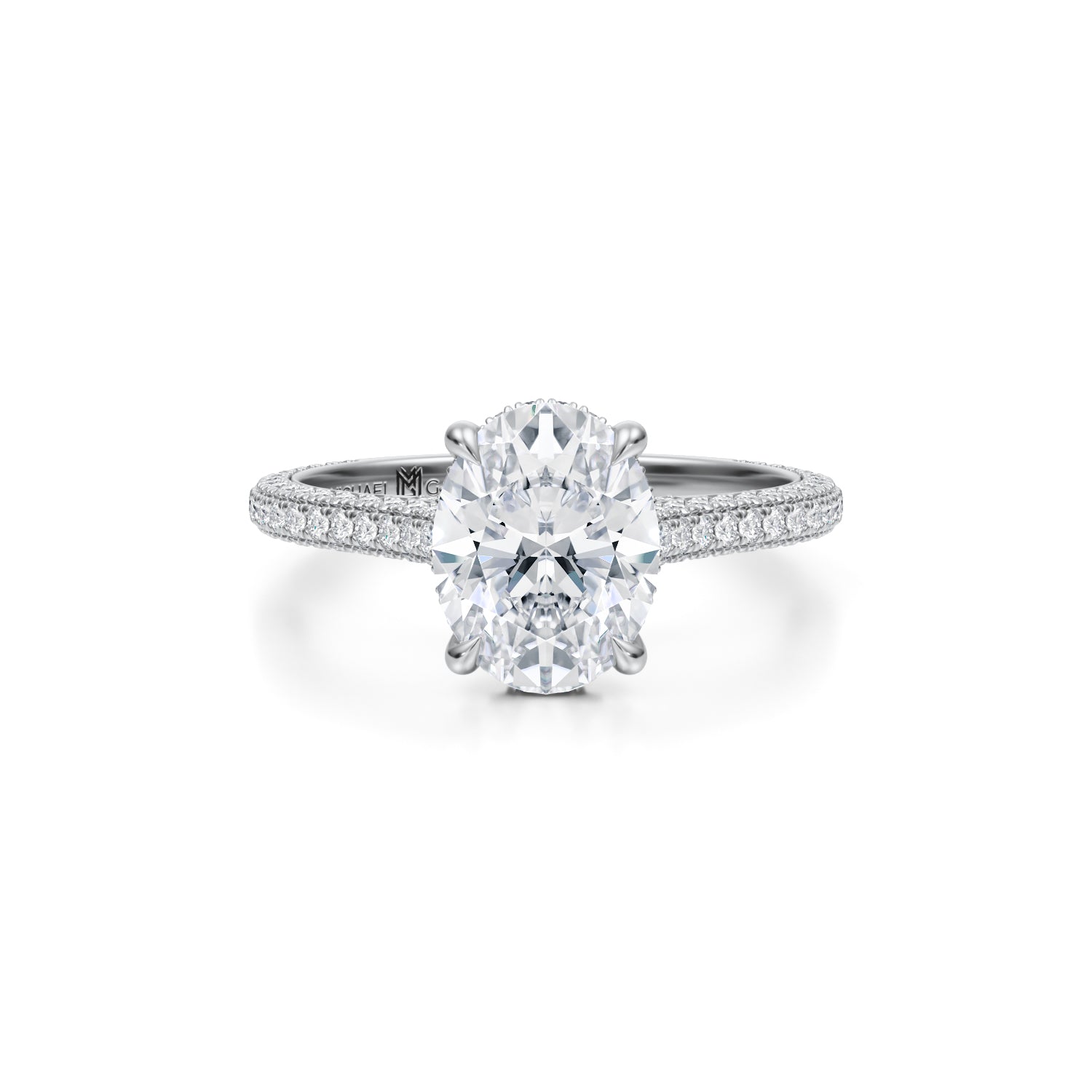 Oval Trio Pave Cathedral Ring With Pave Basket (3.70 Carat E-VVS2) - Michael Gabriels