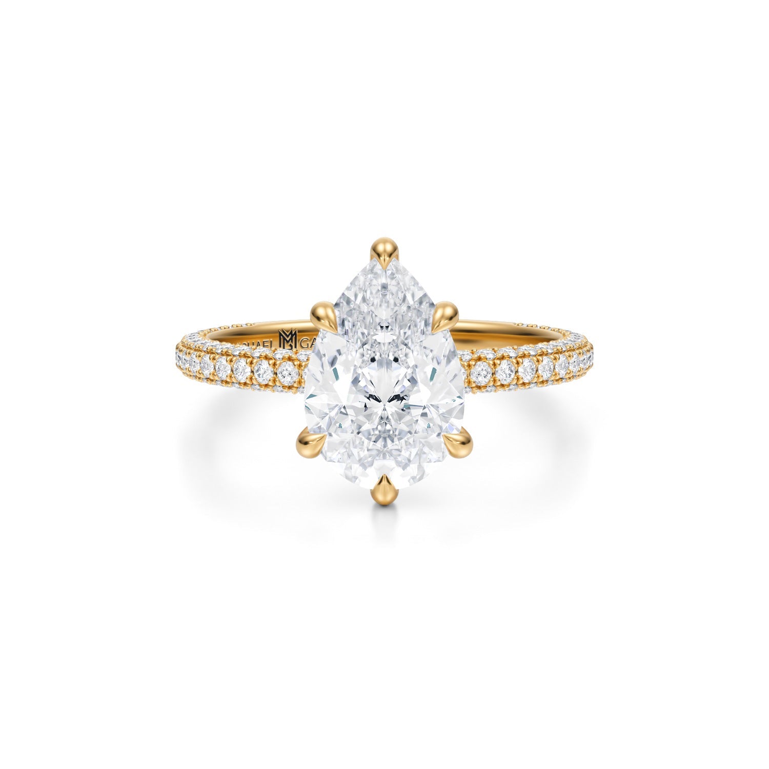 Pear Double Edge Halo With Cathedral Trio Pave Ring (2.20 Carat F-VS1) - Michael Gabriels