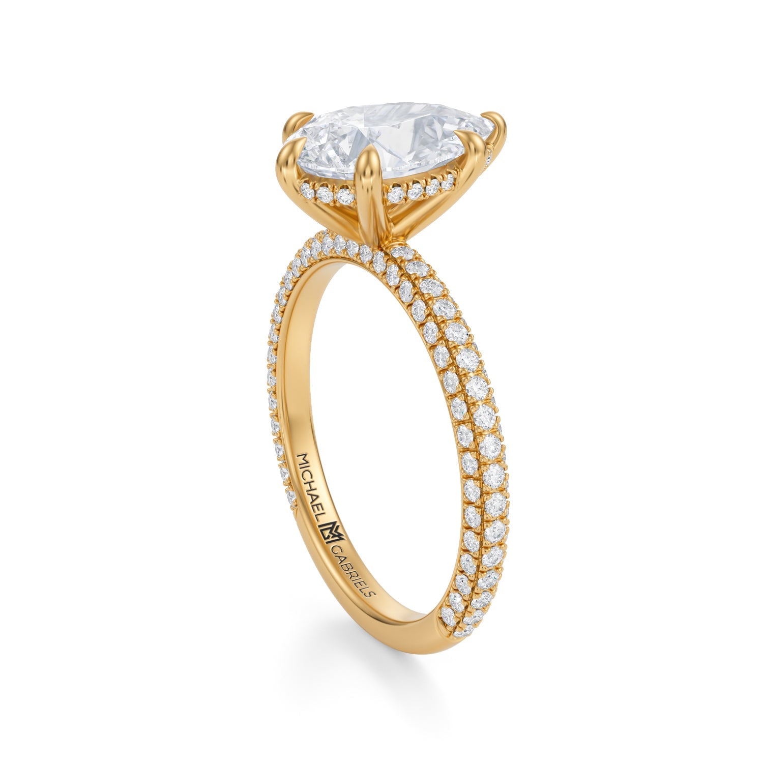 Pear Invisible Halo With Trio Pave Ring (3.40 Carat E-VVS2) - Michael Gabriels