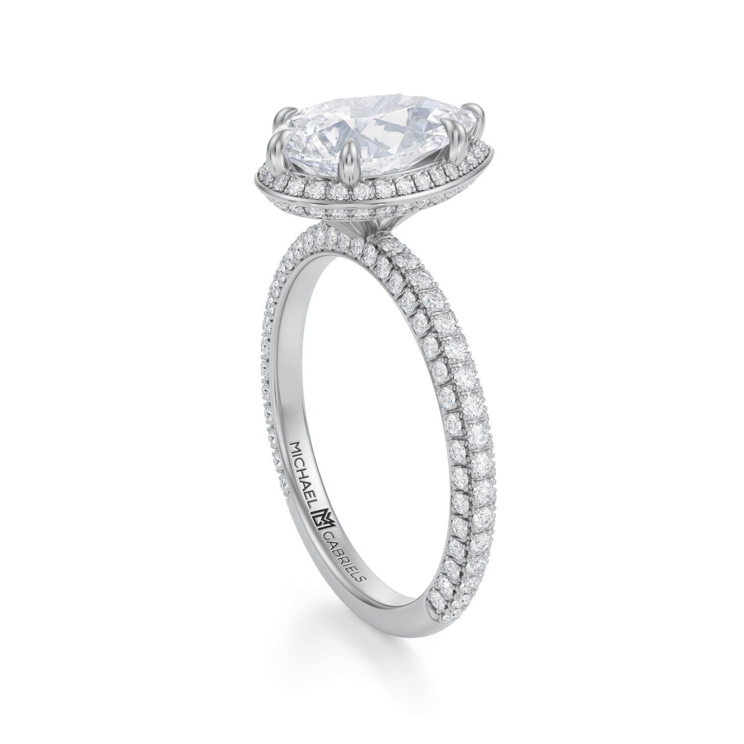 Pear Knife Edge Halo With Trio Pave Ring (2.50 Carat E-VVS2) - Michael Gabriels