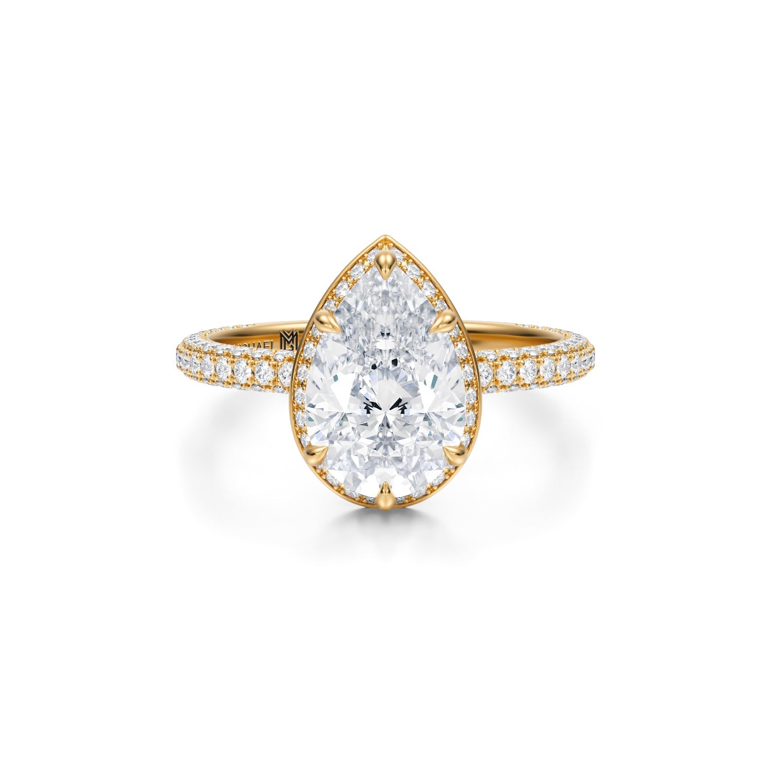 Pear Knife Edge Halo With Trio Pave Ring (3.70 Carat F-VS1) - Michael Gabriels