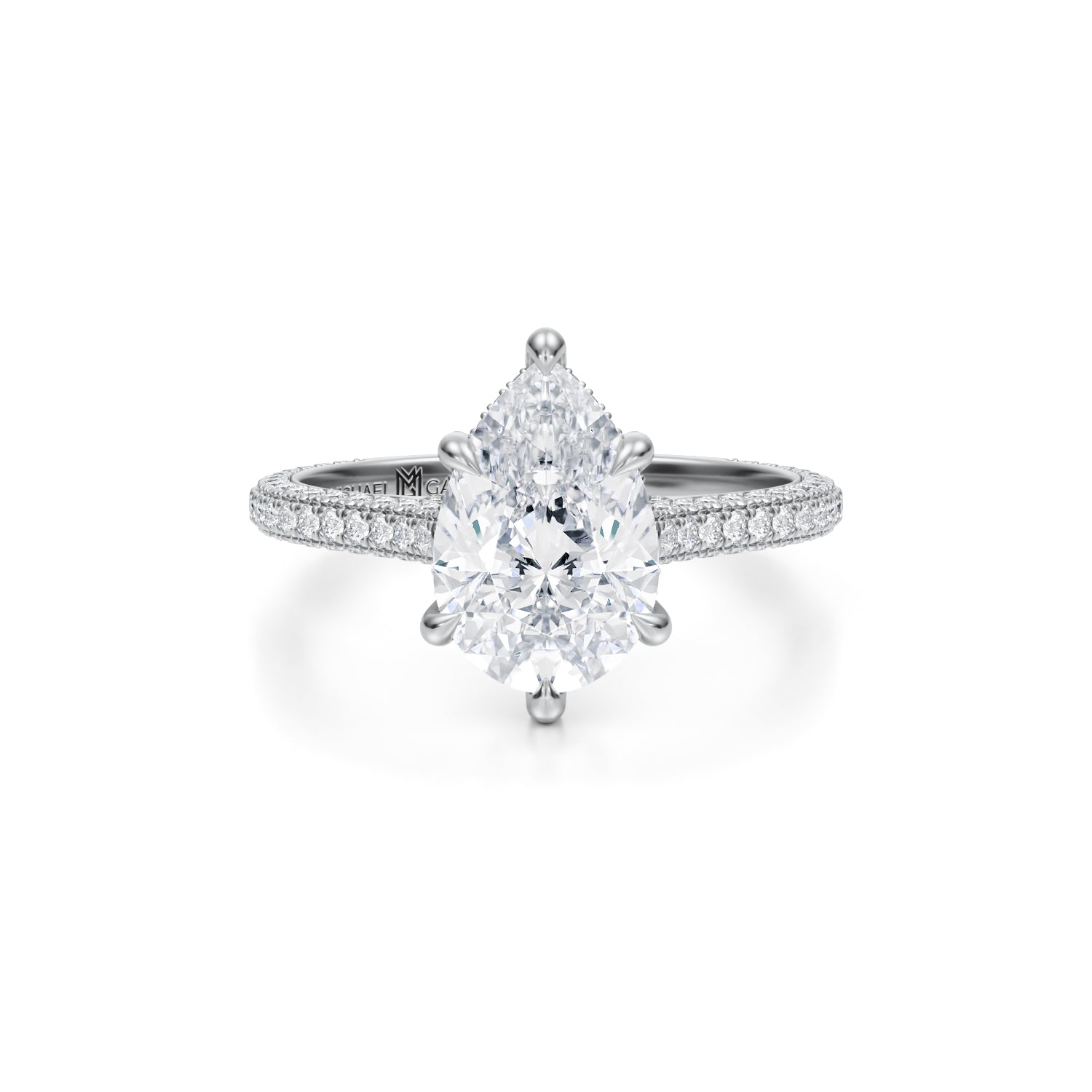 Pear Trio Pave Cathedral Ring With Low Pave Basket (3.20 Carat D-VVS2) - Michael Gabriels