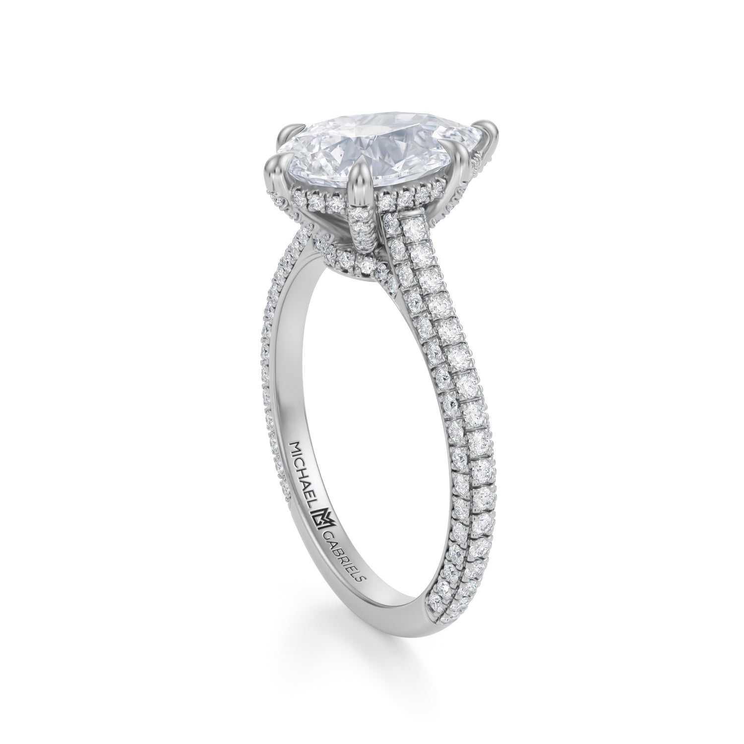 Pear Trio Pave Cathedral Ring With Low Pave Basket (3.50 Carat G-VS1) - Michael Gabriels