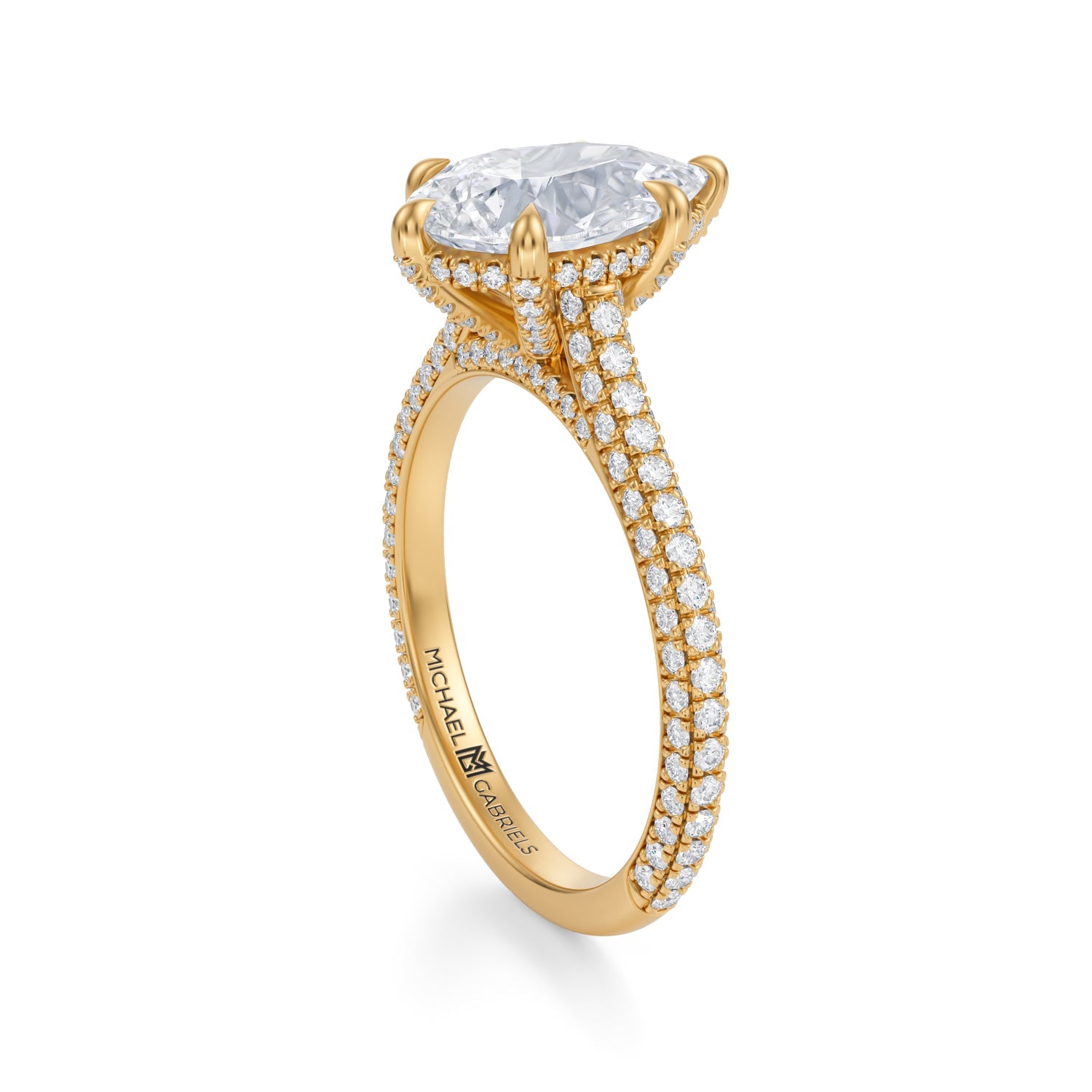 Pear Trio Pave Cathedral Ring With Pave Basket (2.70 Carat E-VVS2) - Michael Gabriels