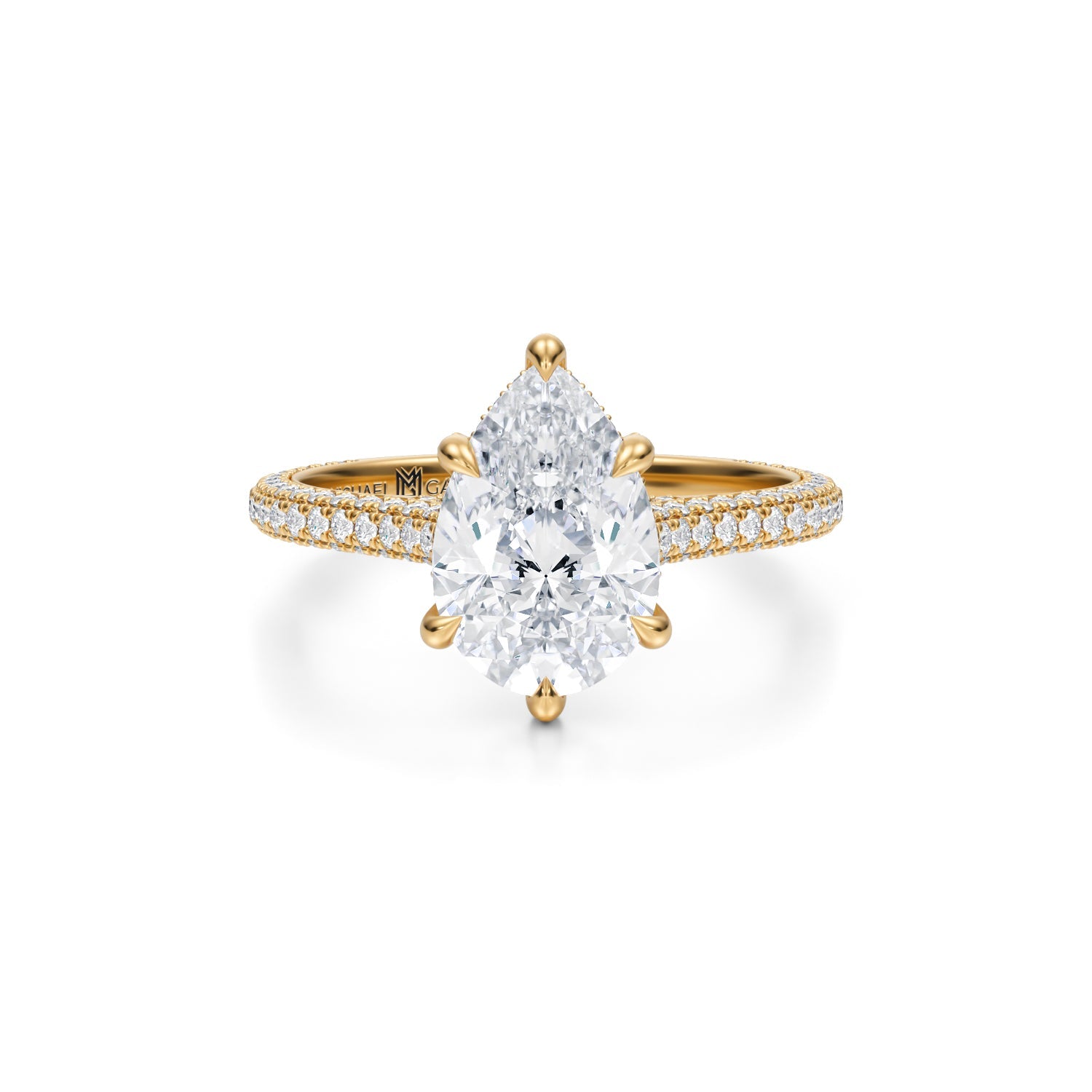 Pear Trio Pave Cathedral Ring With Pave Basket (3.00 Carat G-VVS2) - Michael Gabriels