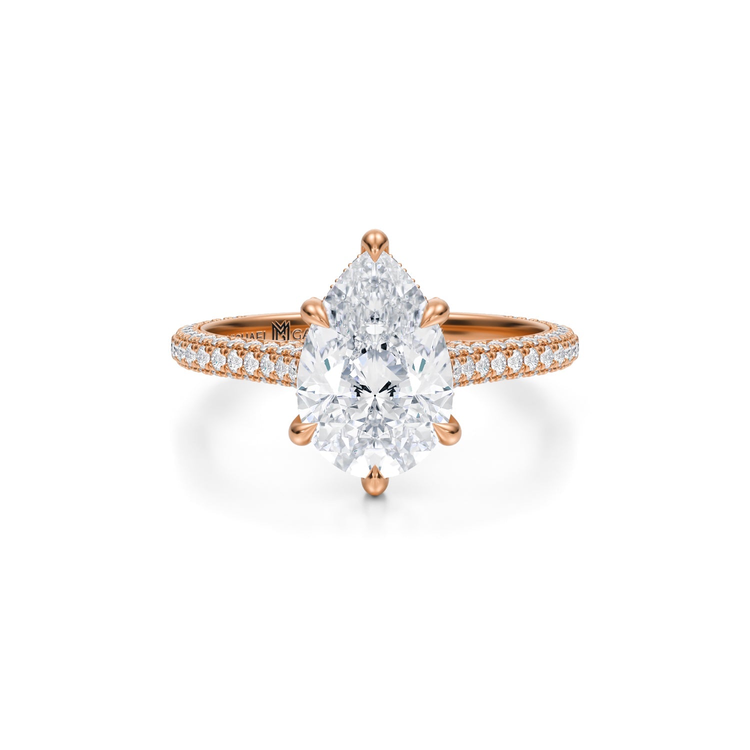 Pear Trio Pave Cathedral Ring With Pave Basket (3.00 Carat G-VVS2) - Michael Gabriels