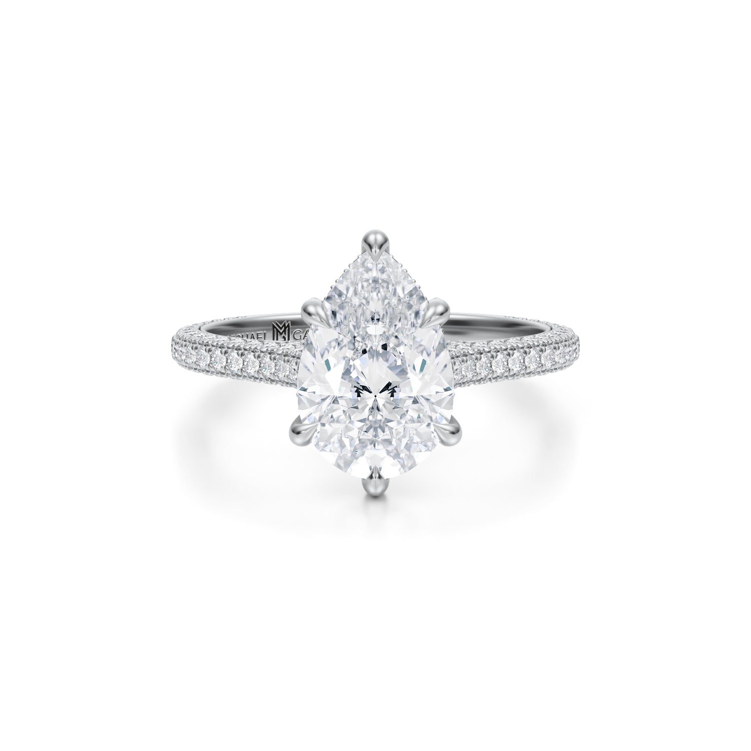 Pear Trio Pave Cathedral Ring With Pave Basket (3.00 Carat G-VVS2) - Michael Gabriels