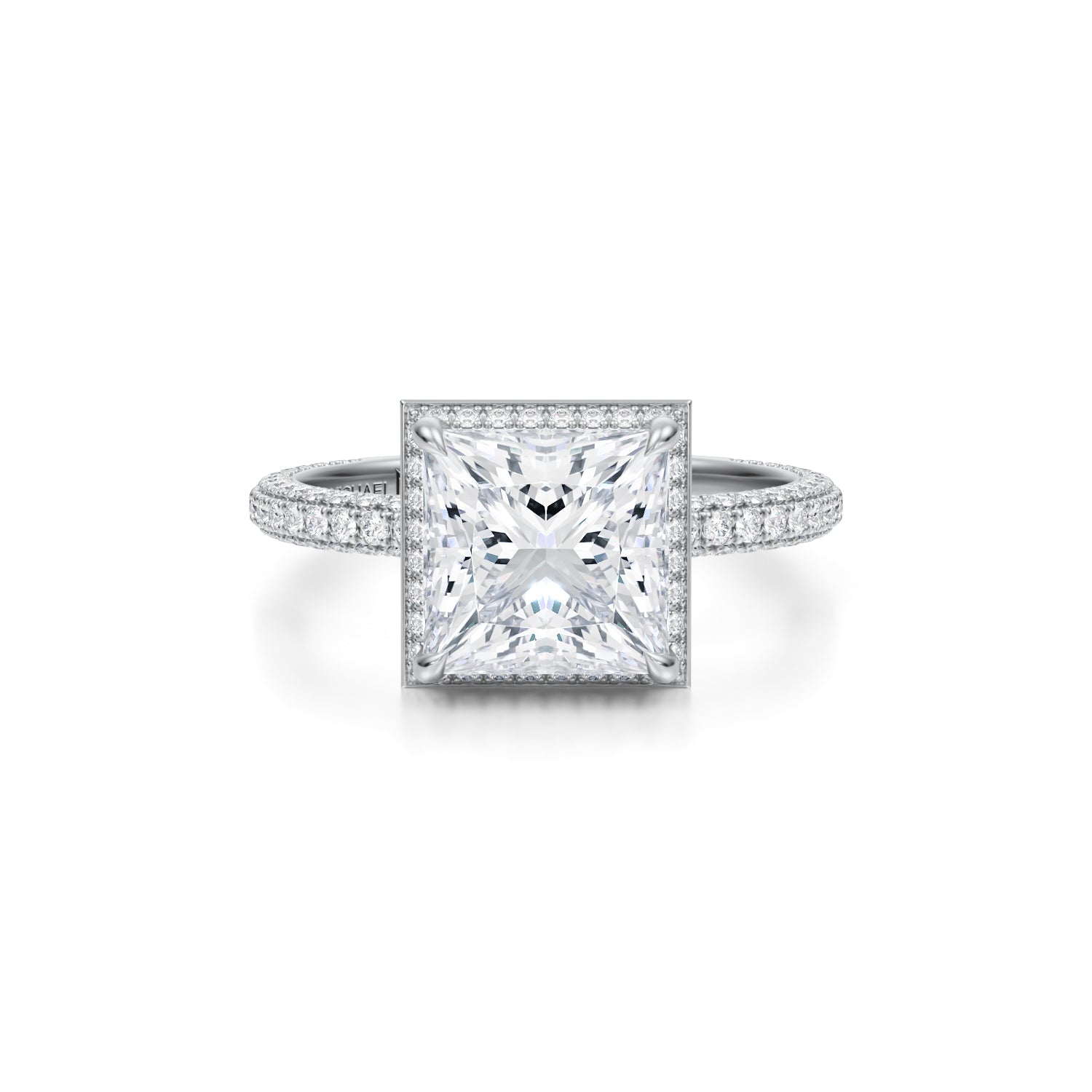 Princess Knife Edge Halo With Trio Pave Ring (3.20 Carat E-VVS2) - Michael Gabriels