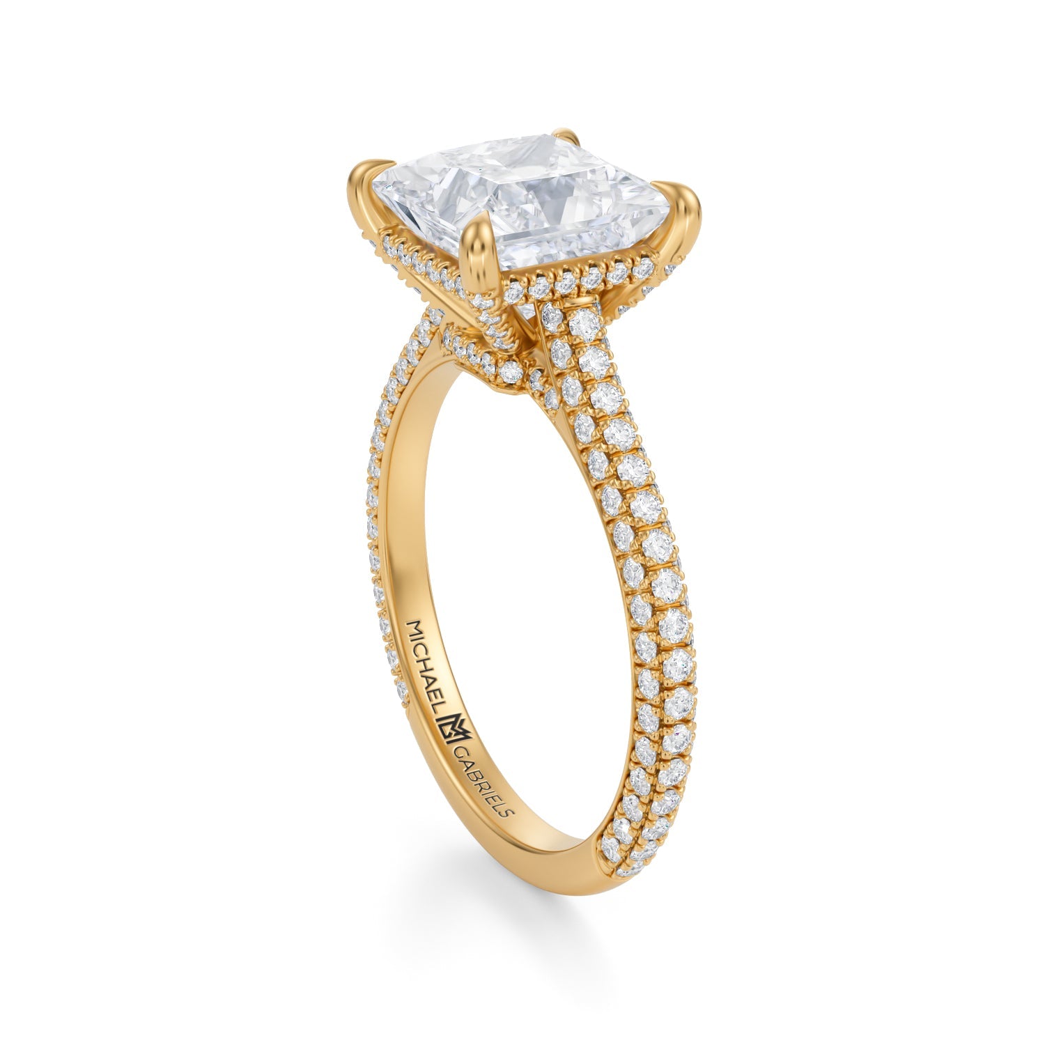 Princess Trio Pave Cathedral Ring With Low Pave Basket (2.50 Carat G-VVS2) - Michael Gabriels
