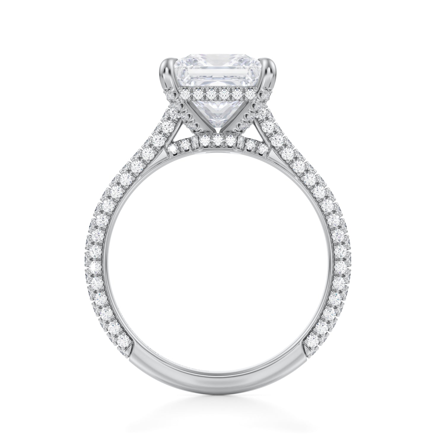 Princess Trio Pave Cathedral Ring With Low Pave Basket (3.00 Carat E-VS1) - Michael Gabriels