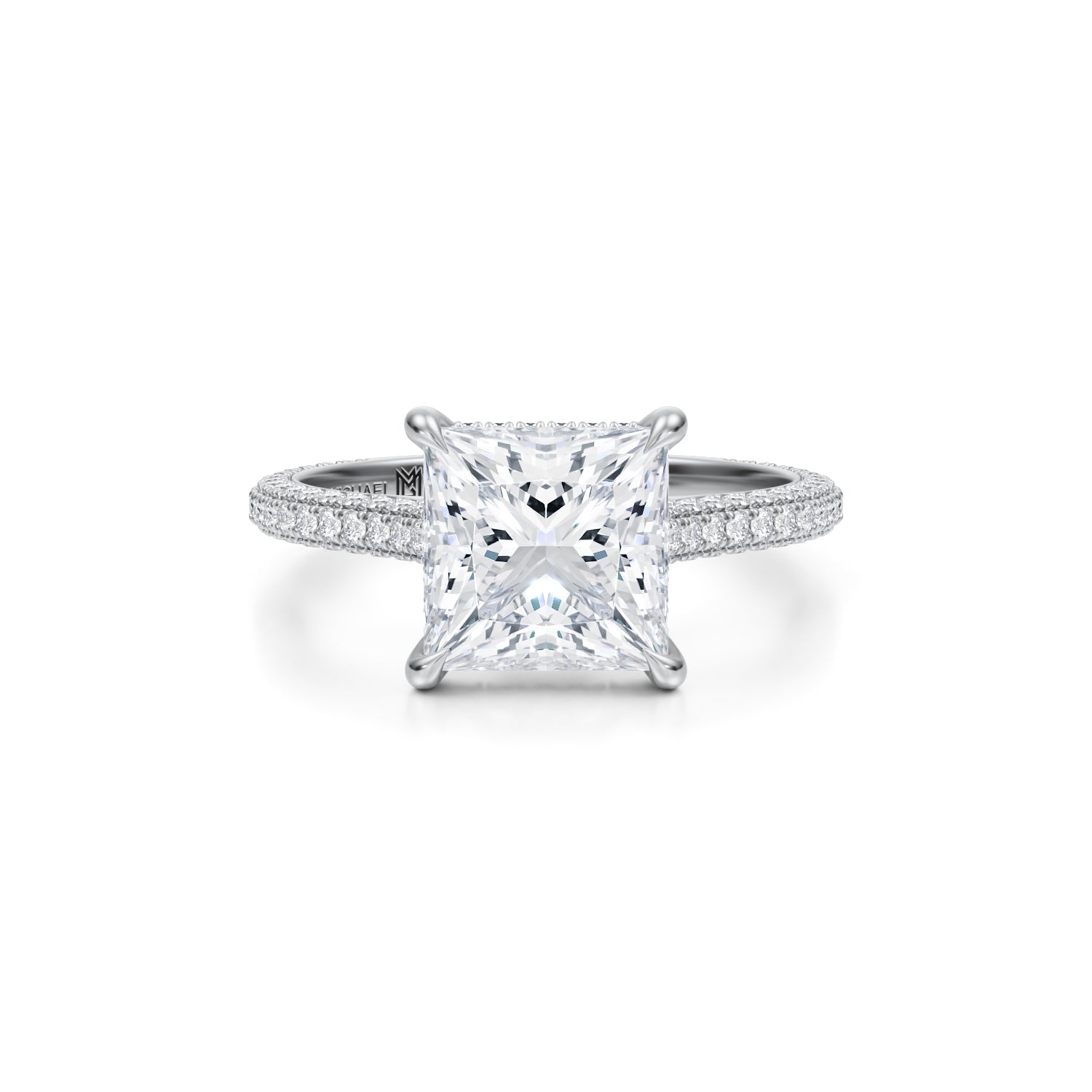 Princess Trio Pave Cathedral Ring With Low Pave Basket (3.50 Carat G-VS1) - Michael Gabriels