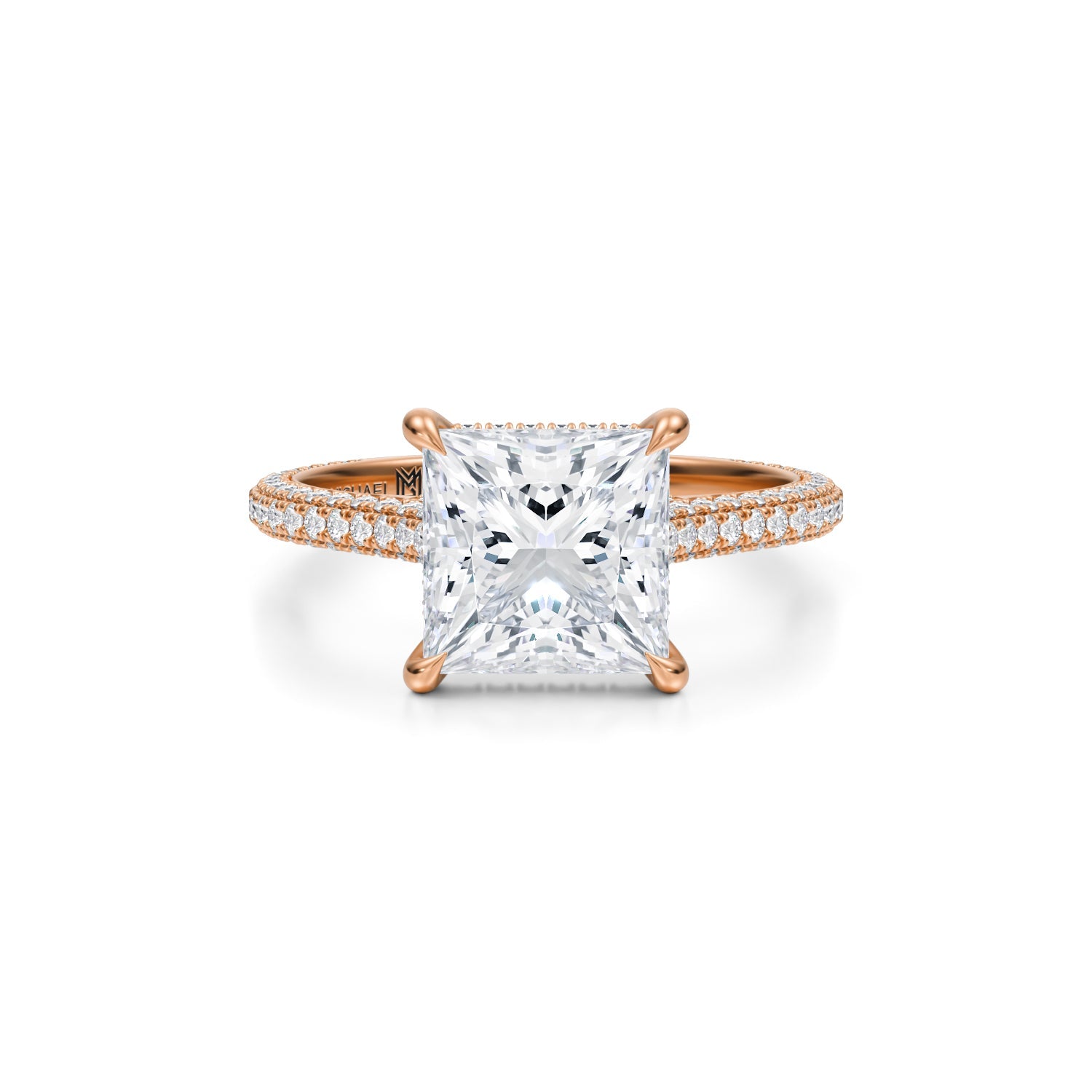 Princess Trio Pave Cathedral Ring With Pave Basket (1.20 Carat E-VS1) - Michael Gabriels