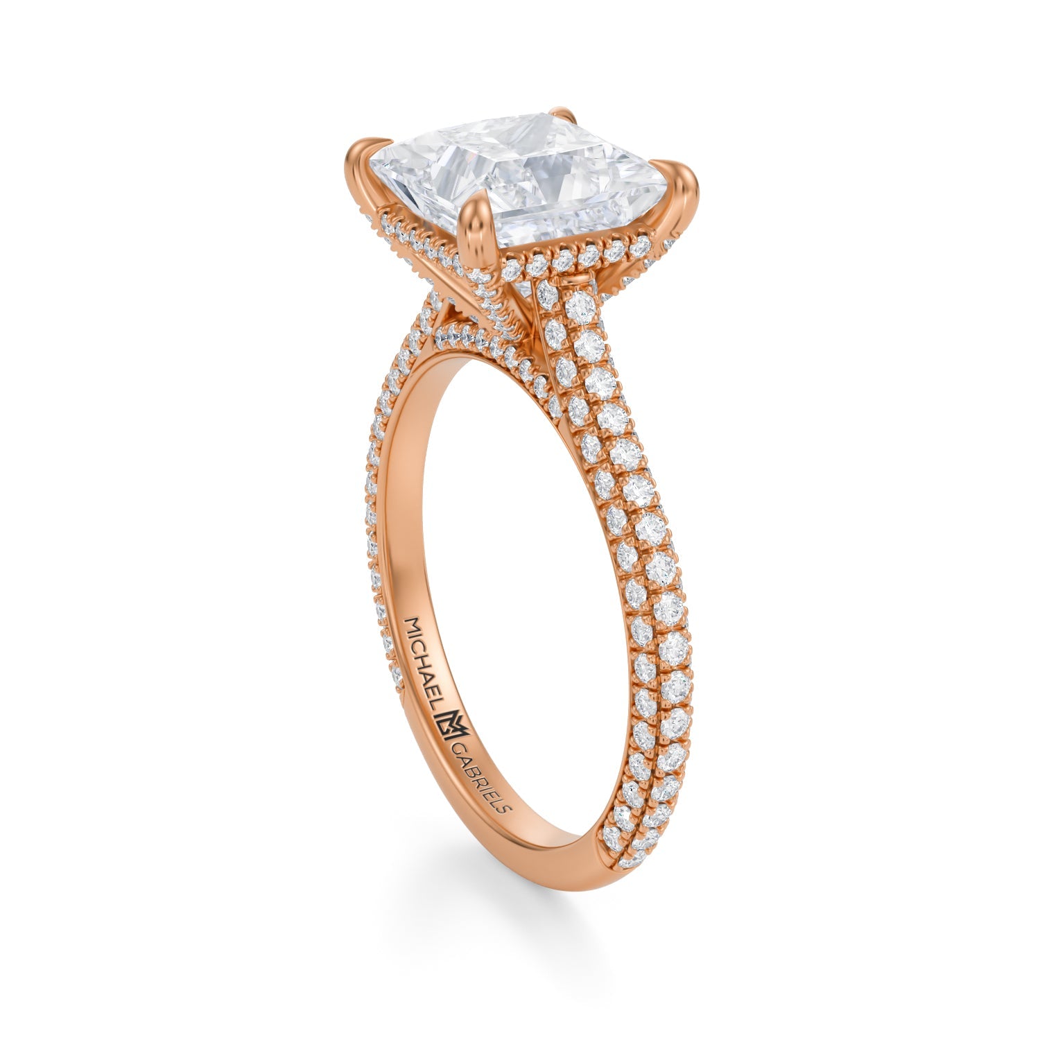 Princess Trio Pave Cathedral Ring With Pave Basket (2.50 Carat E-VVS2) - Michael Gabriels