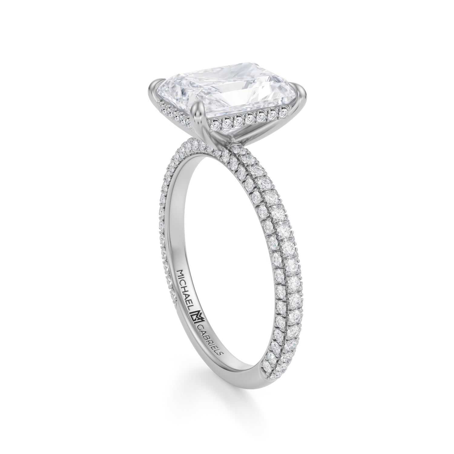Radiant Invisible Halo With Trio Pave Ring (2.50 Carat E-VVS2) - Michael Gabriels