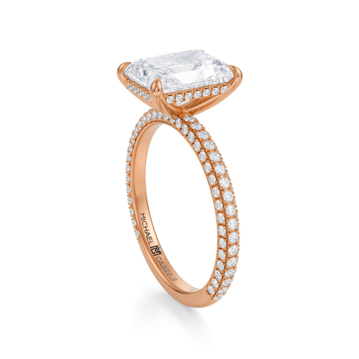 Radiant Invisible Halo With Trio Pave Ring (3.20 Carat F-VVS2) - Michael Gabriels