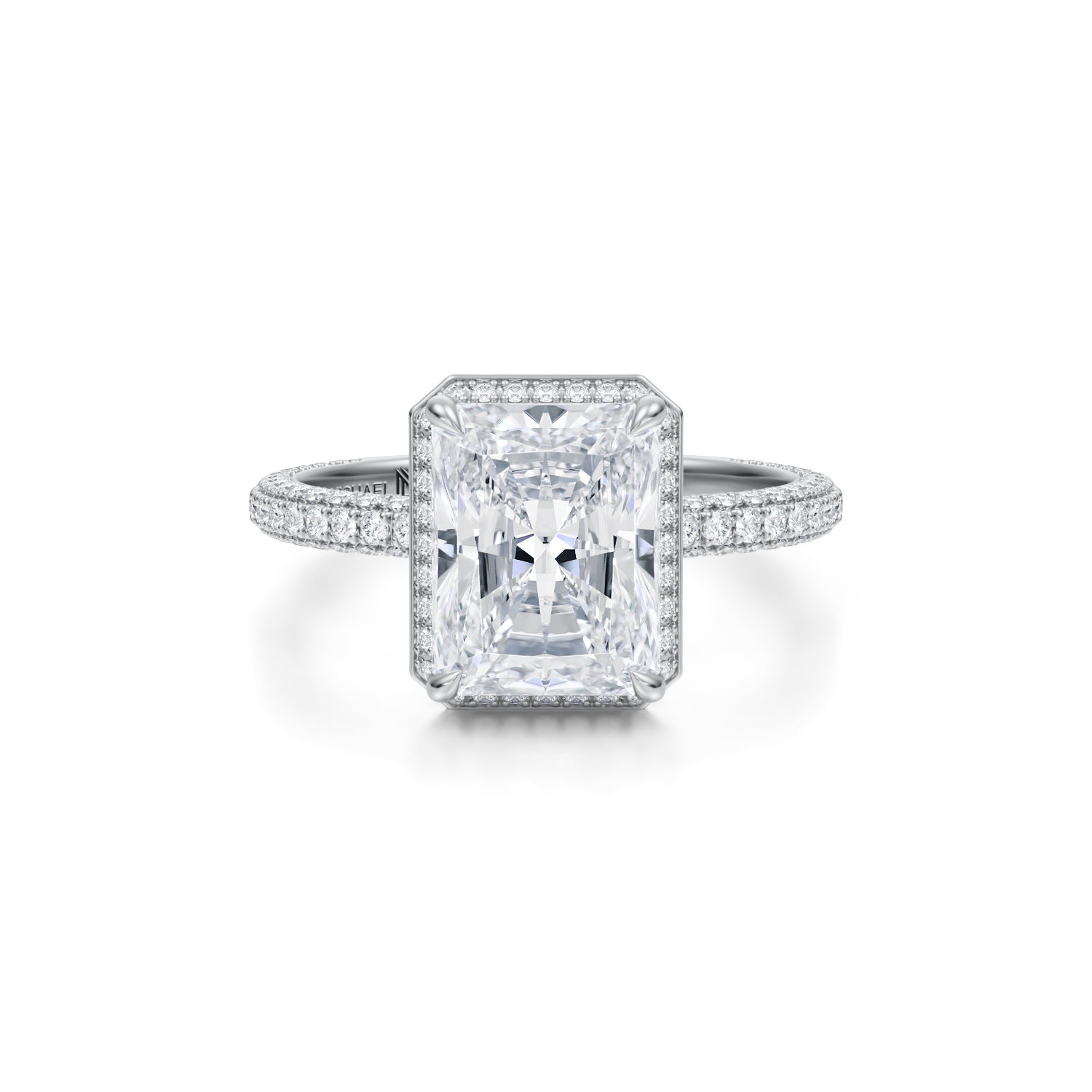 Radiant Knife Edge Halo With Trio Pave Ring (2.70 Carat E-VS1) - Michael Gabriels