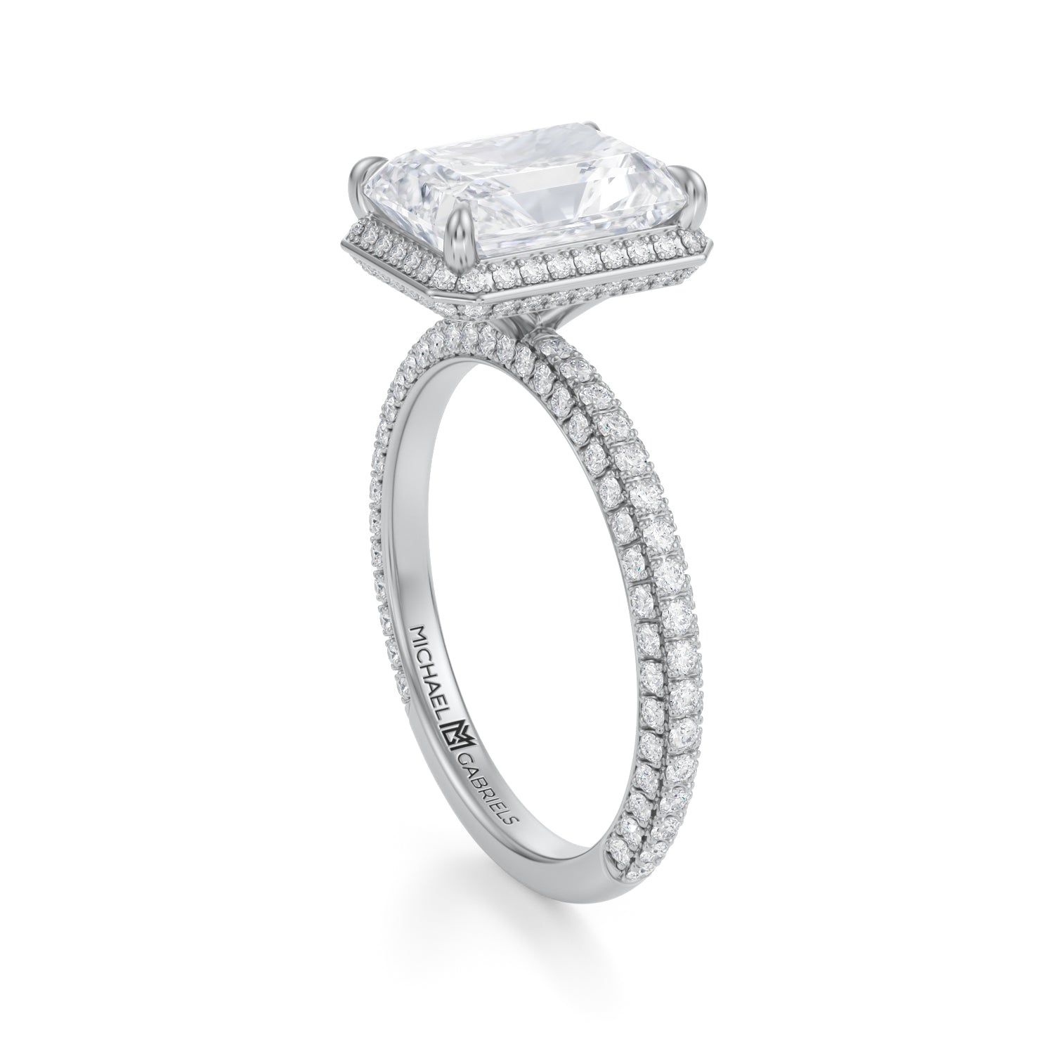 Radiant Knife Edge Halo With Trio Pave Ring (3.00 Carat E-VVS2) - Michael Gabriels