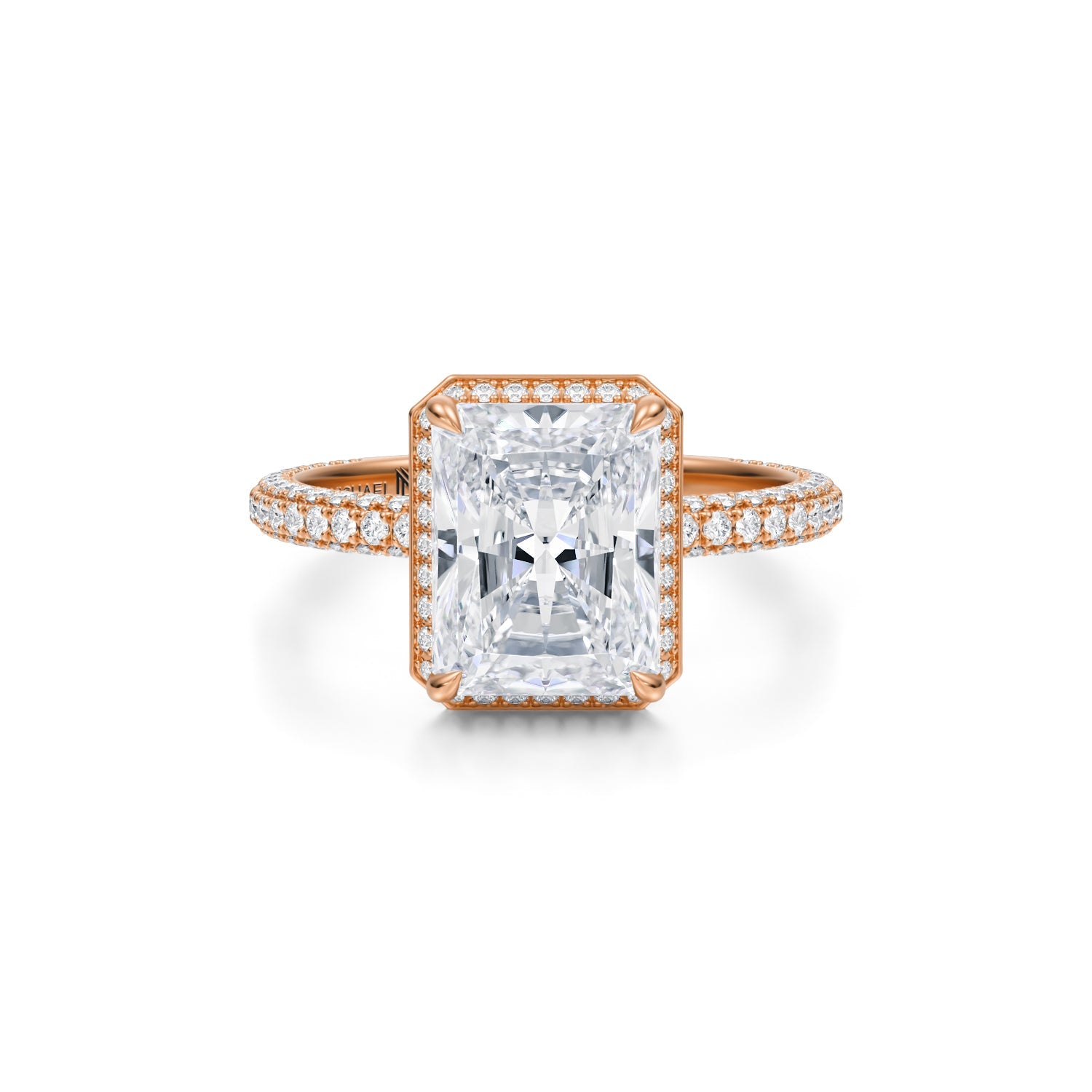 Radiant Knife Edge Halo With Trio Pave Ring (3.70 Carat E-VVS2) - Michael Gabriels