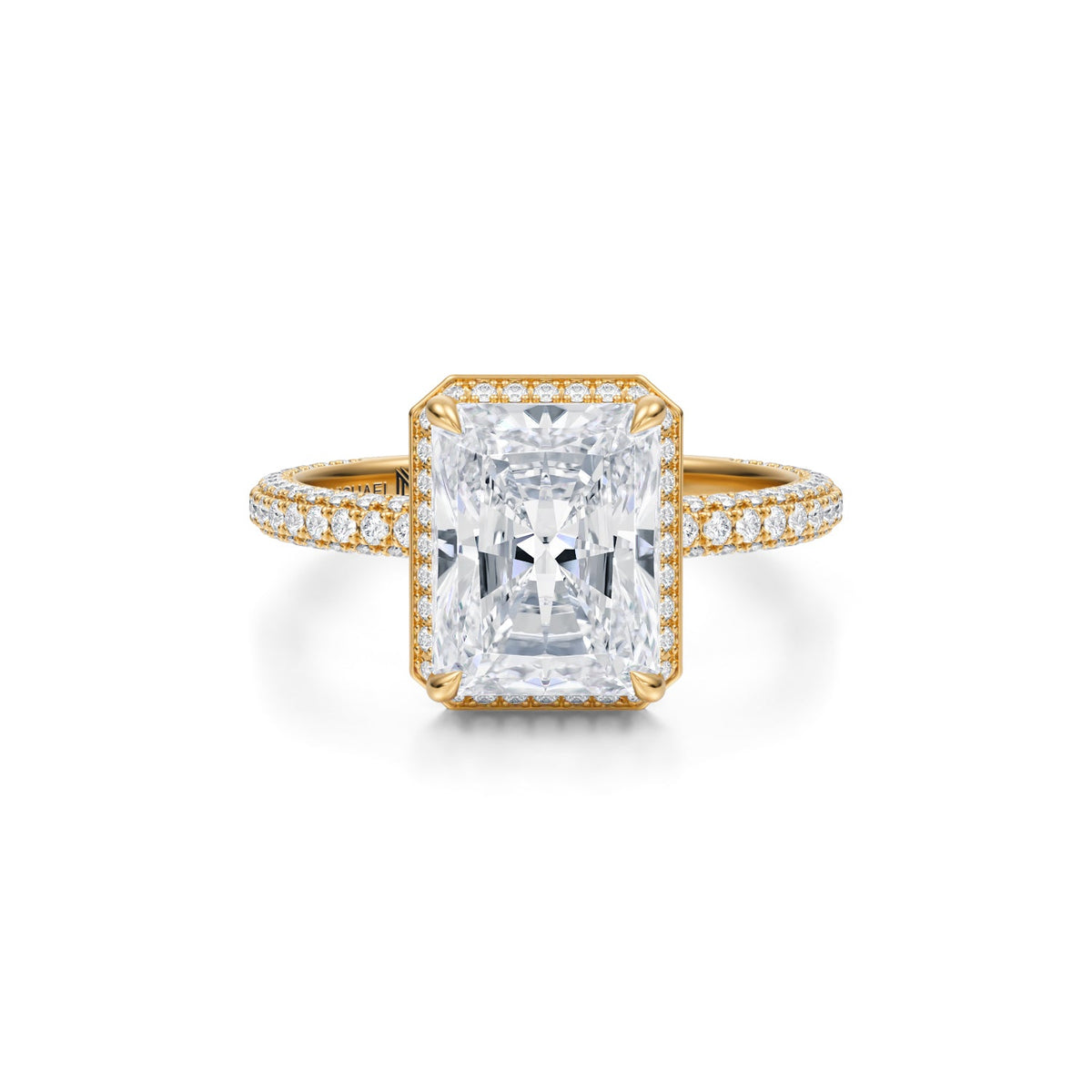 Radiant Knife Edge Halo With Trio Pave Ring (3.70 Carat E-VVS2) - Michael Gabriels
