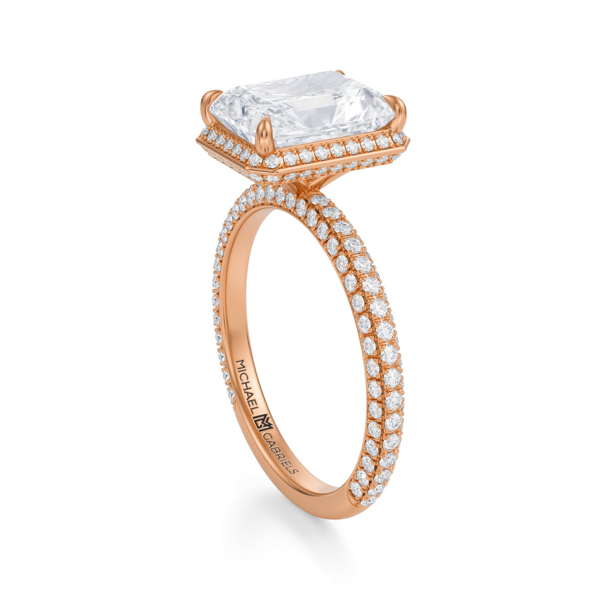 Radiant Knife Edge Halo With Trio Pave Ring (3.70 Carat E-VVS2) - Michael Gabriels