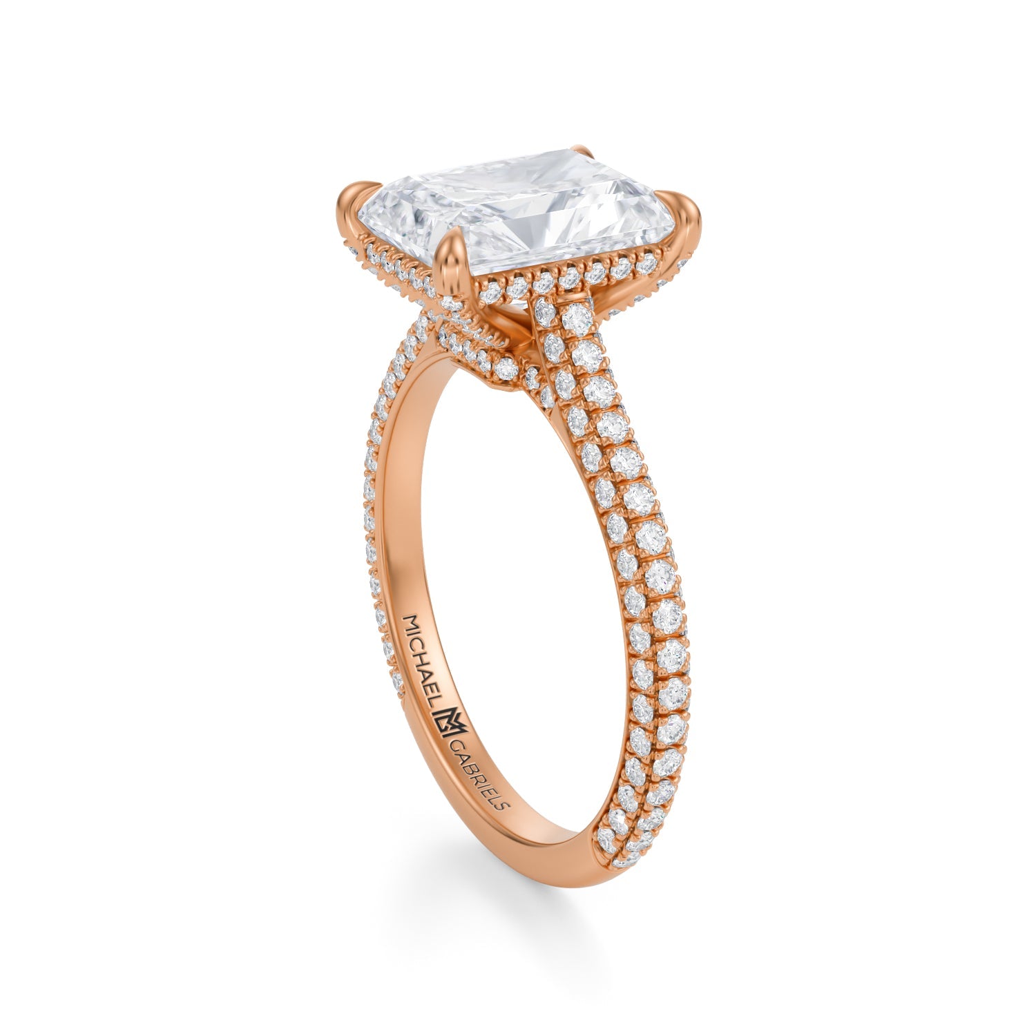 Radiant Trio Pave Cathedral Ring With Low Pave Basket (2.70 Carat G-VVS2) - Michael Gabriels