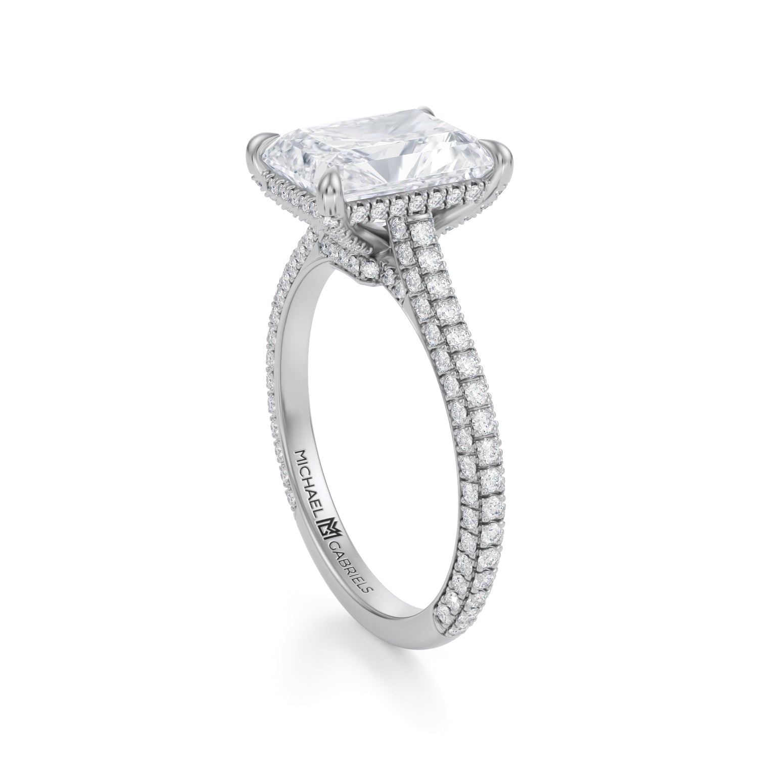 Radiant Trio Pave Cathedral Ring With Low Pave Basket (3.00 Carat E-VS1) - Michael Gabriels
