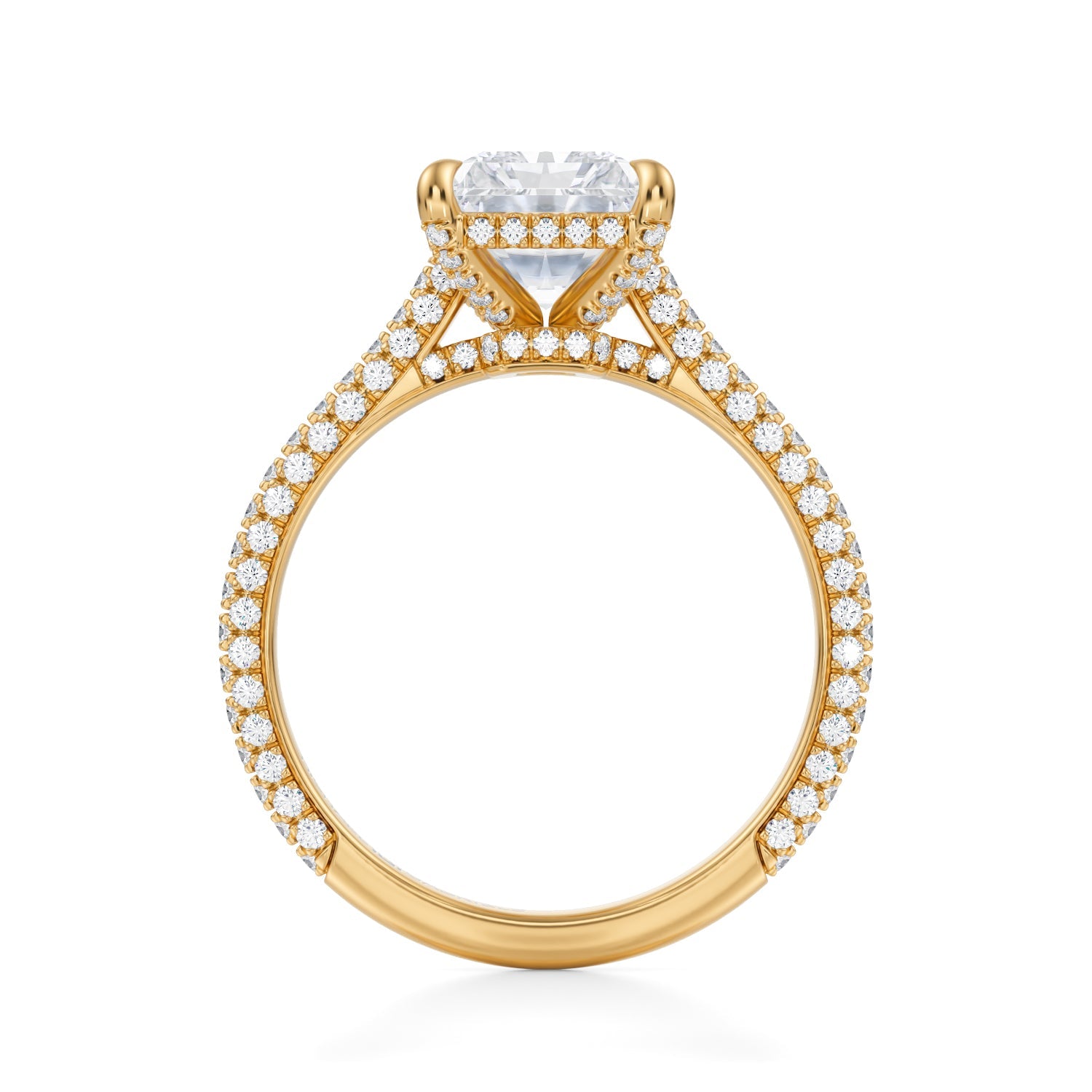Radiant Trio Pave Cathedral Ring With Low Pave Basket (3.00 Carat E-VS1) - Michael Gabriels
