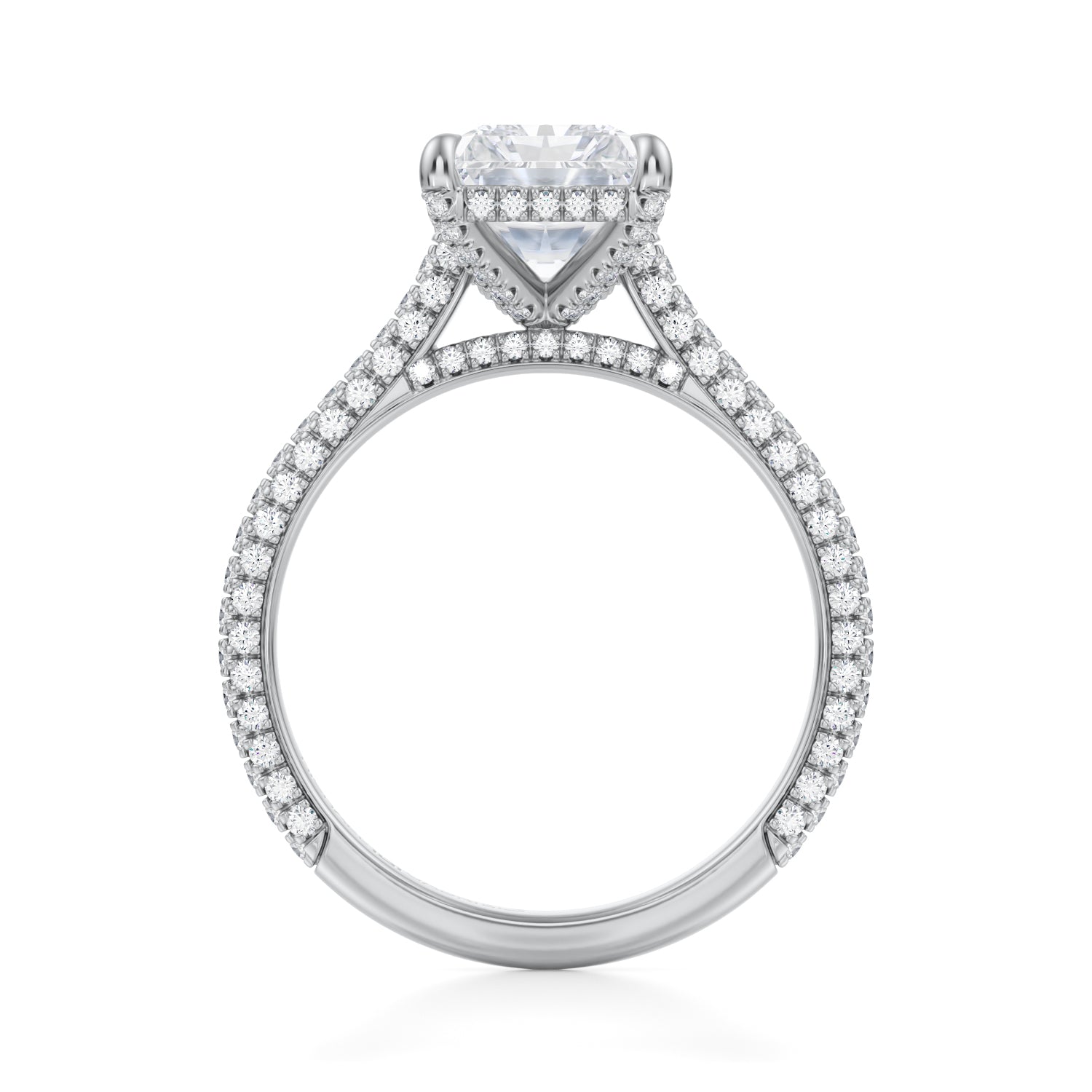 Radiant Trio Pave Cathedral Ring With Pave Basket (3.00 Carat E-VS1) - Michael Gabriels