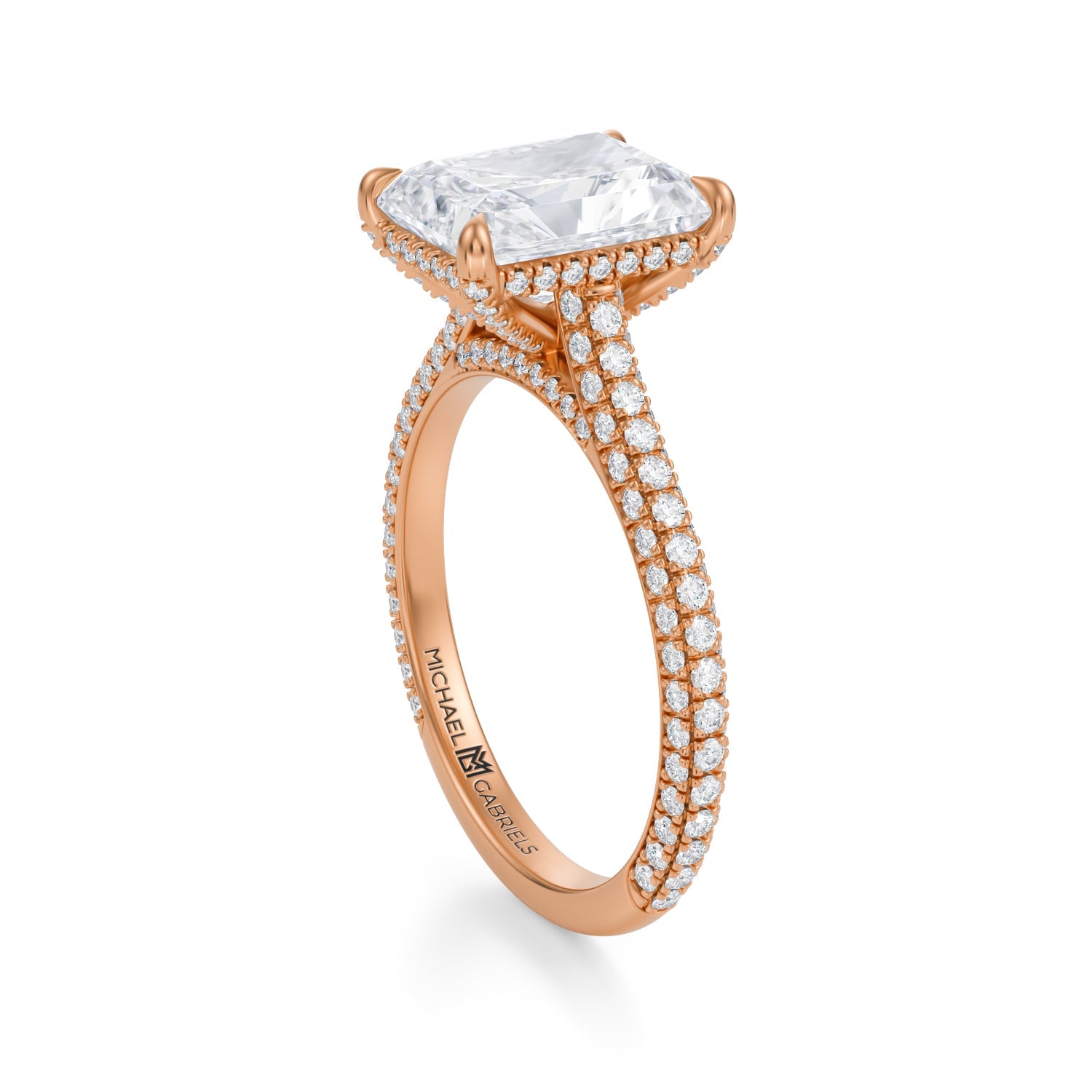 Radiant Trio Pave Cathedral Ring With Pave Basket (3.00 Carat E-VS1) - Michael Gabriels