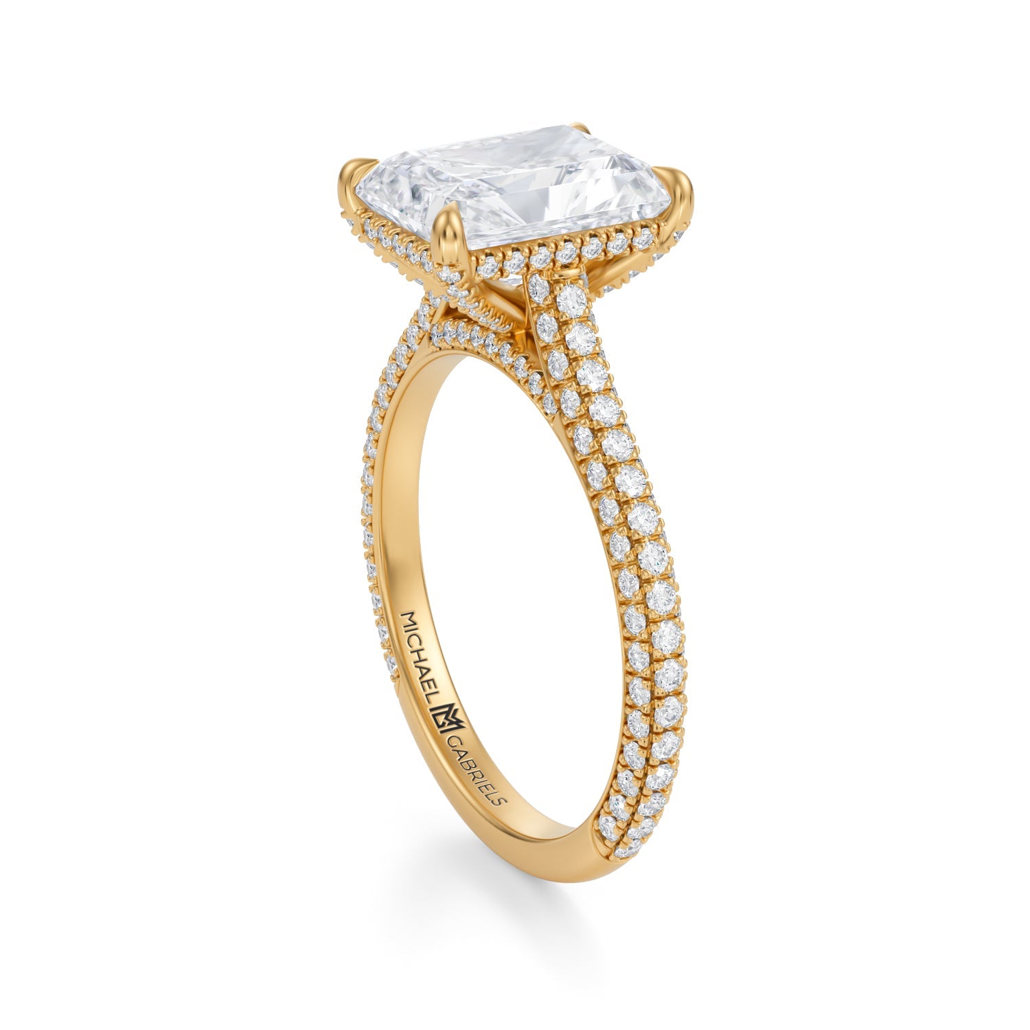 Radiant Trio Pave Cathedral Ring With Pave Basket (3.00 Carat E-VS1) - Michael Gabriels