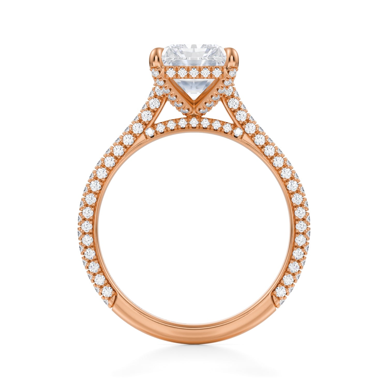 Radiant Trio Pave Cathedral Ring With Pave Basket (3.00 Carat E-VS1) - Michael Gabriels