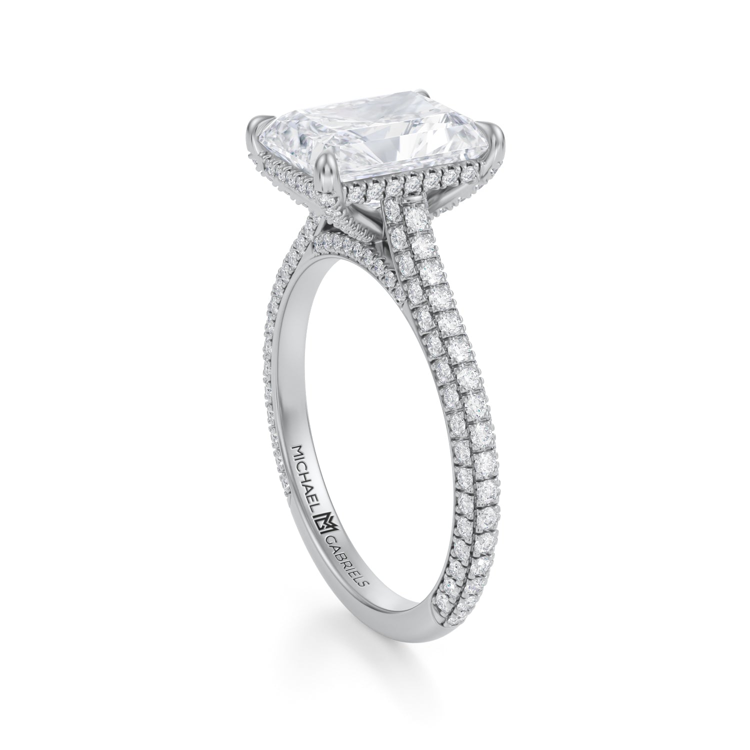 Radiant Trio Pave Cathedral Ring With Pave Basket (3.00 Carat E-VS1) - Michael Gabriels