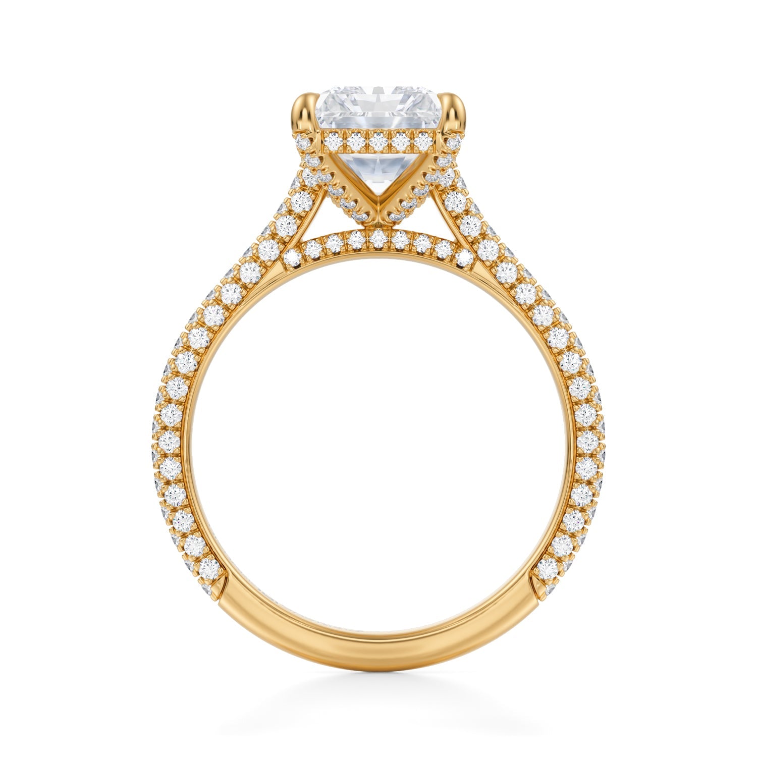 Radiant Trio Pave Cathedral Ring With Pave Basket (3.70 Carat E-VS1) - Michael Gabriels