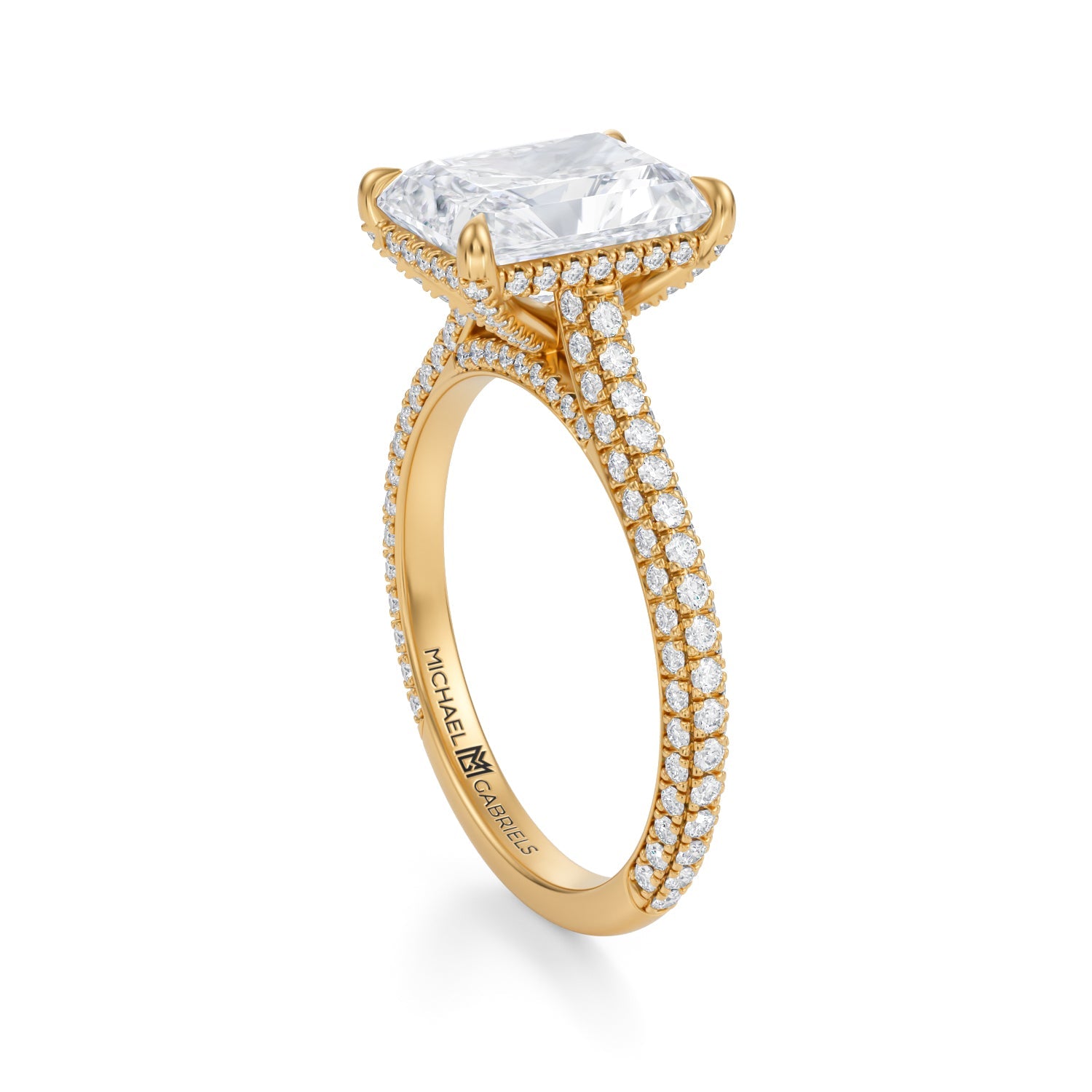 Radiant Trio Pave Cathedral Ring With Pave Basket (3.70 Carat E-VS1) - Michael Gabriels
