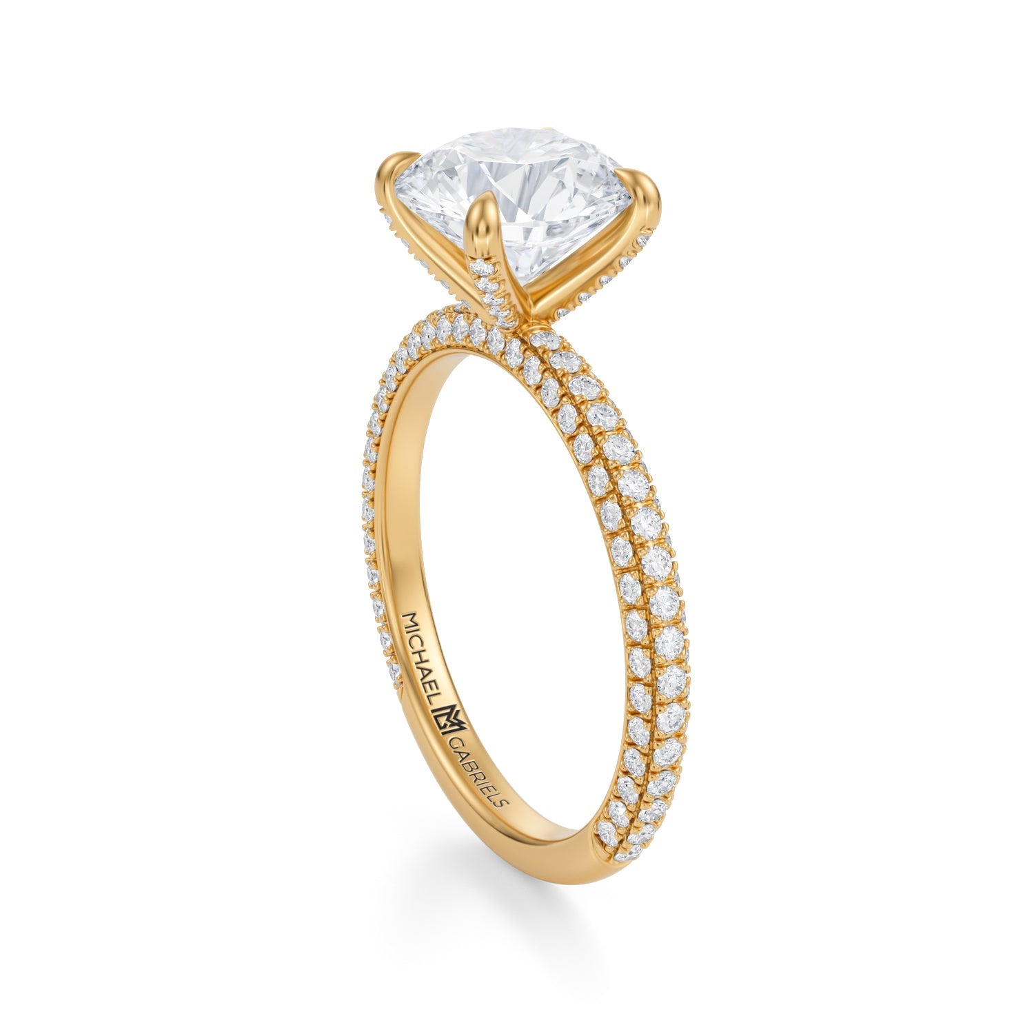 Round Halo With Cathedral Trio Pave Ring (2.70 Carat E-VS1) - Michael Gabriels