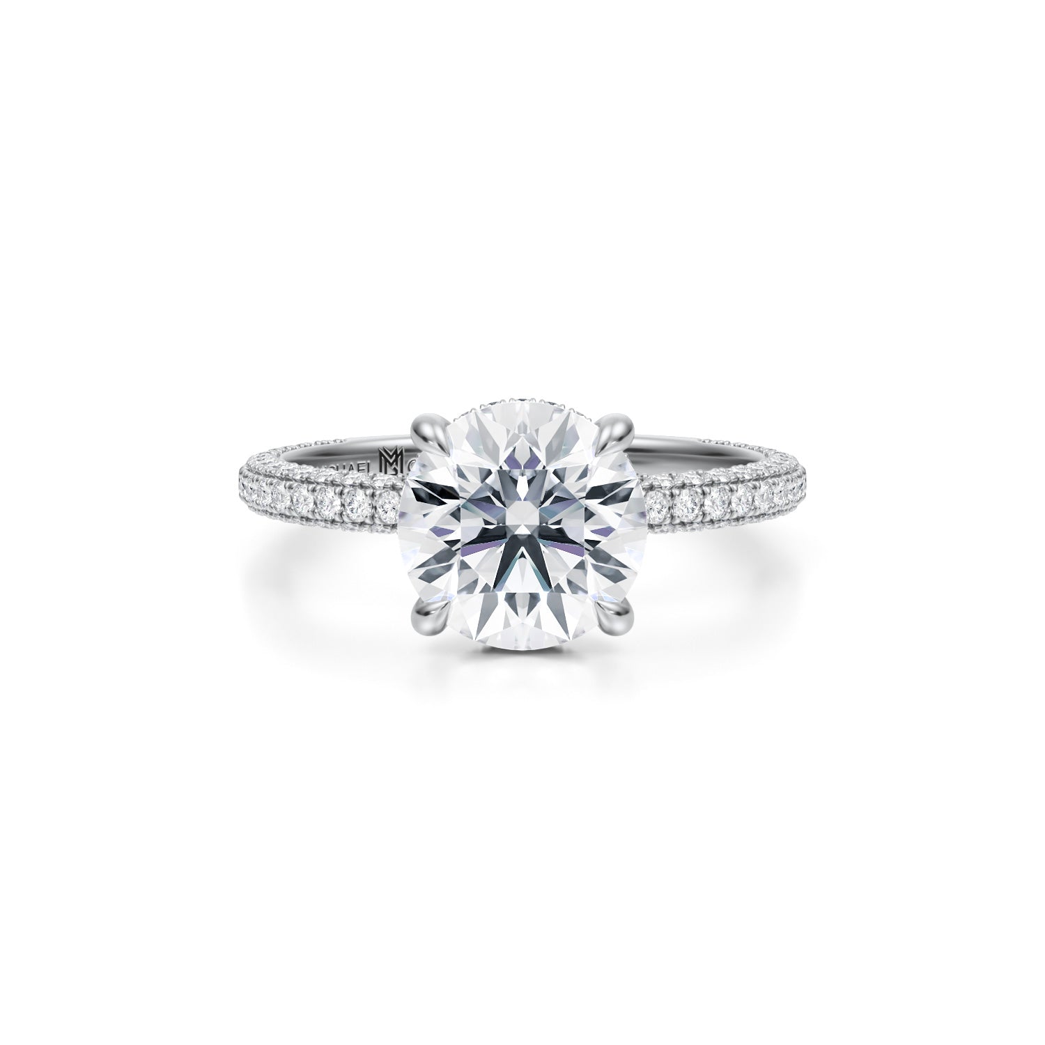 Round Invisible Halo With Trio Pave Ring (3.70 Carat F-VS1) - Michael Gabriels