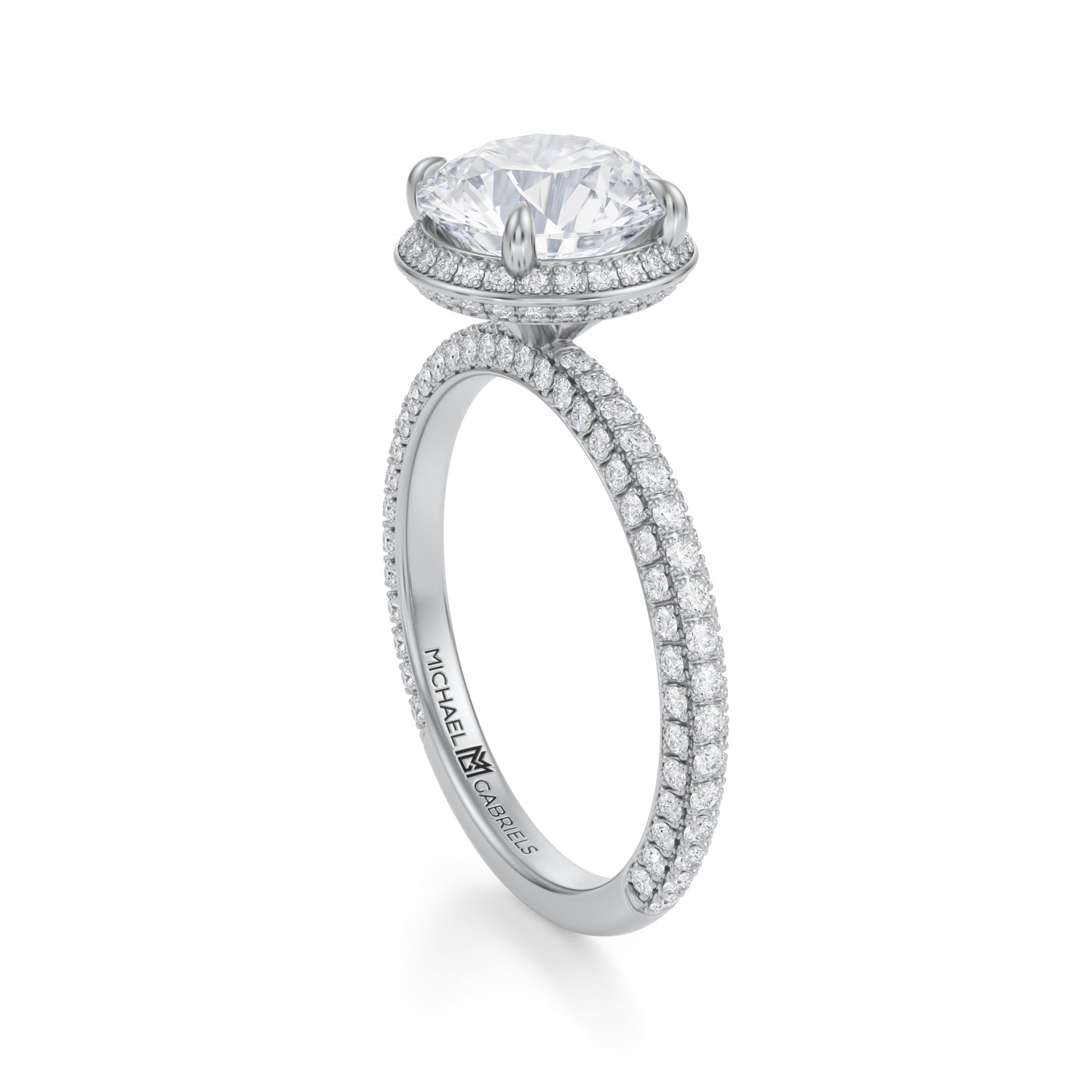 Round Knife Edge Halo With Trio Pave Ring (3.70 Carat E-VS1) - Michael Gabriels