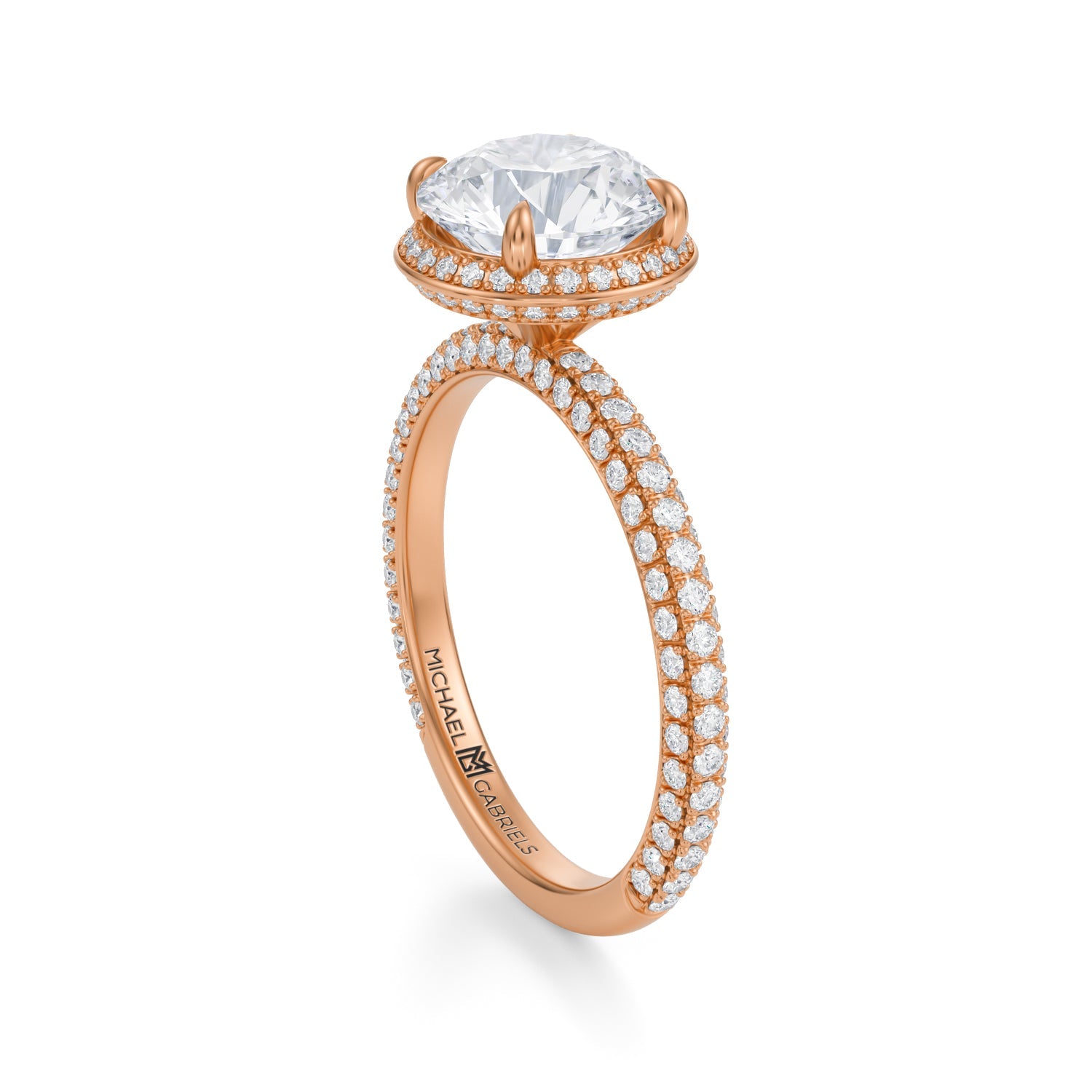Round Knife Edge Halo With Trio Pave Ring (3.70 Carat F-VS1) - Michael Gabriels